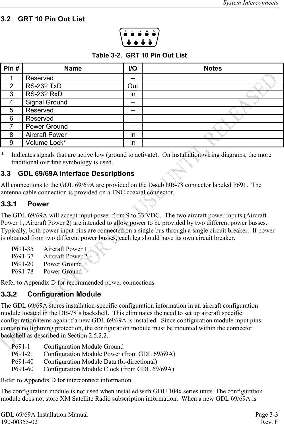 System Interconnects GDL 69/69A Installation Manual  Page 3-3 190-00355-02   Rev. F 3.2  GRT 10 Pin Out List  Table 3-2.  GRT 10 Pin Out List Pin #  Name  I/O  Notes 1 Reserved  --  2 RS-232 TxD  Out  3 RS-232 RxD  In  4 Signal Ground  --  5 Reserved  --  6 Reserved  --  7 Power Ground  --  8 Aircraft Power  In  9 Volume Lock*  In  *  Indicates signals that are active low (ground to activate).  On installation wiring diagrams, the more traditional overline symbology is used. 3.3  GDL 69/69A Interface Descriptions All connections to the GDL 69/69A are provided on the D-sub DB-78 connector labeled P691.  The antenna cable connection is provided on a TNC coaxial connector.  Power The GDL 69/69A will accept input power from 9 to 33 VDC.  The two aircraft power inputs (Aircraft Power 1, Aircraft Power 2) are intended to allow power to be provided by two different power busses.  Typically, both power input pins are connected on a single bus through a single circuit breaker.  If power is obtained from two different power busses, each leg should have its own circuit breaker. P691-35  Aircraft Power 1 + P691-37  Aircraft Power 2 + P691-20 Power Ground P691-78 Power Ground Refer to Appendix D for recommended power connections.  Configuration Module The GDL 69/69A stores installation-specific configuration information in an aircraft configuration module located in the DB-78’s backshell.  This eliminates the need to set up aircraft specific configuration items again if a new GDL 69/69A is installed.  Since configuration module input pins contain no lightning protection, the configuration module must be mounted within the connector backshell as described in Section 2.5.2.2. P691-1  Configuration Module Ground P691-21  Configuration Module Power (from GDL 69/69A) P691-40  Configuration Module Data (bi-directional) P691-60  Configuration Module Clock (from GDL 69/69A) Refer to Appendix D for interconnect information. The configuration module is not used when installed with GDU 104x series units. The configuration module does not store XM Satellite Radio subscription information.  When a new GDL 69/69A is 