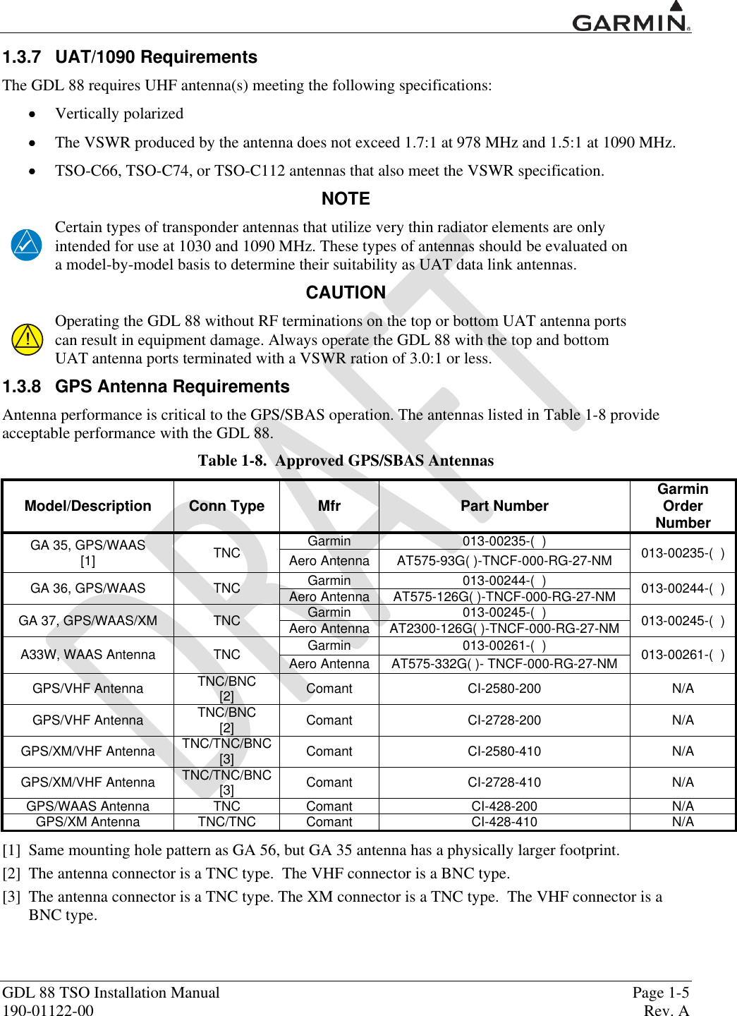  GDL 88 TSO Installation Manual    Page 1-5 190-01122-00  Rev. A  1.3.7  UAT/1090 Requirements The GDL 88 requires UHF antenna(s) meeting the following specifications:  Vertically polarized  The VSWR produced by the antenna does not exceed 1.7:1 at 978 MHz and 1.5:1 at 1090 MHz.  TSO-C66, TSO-C74, or TSO-C112 antennas that also meet the VSWR specification. NOTE Certain types of transponder antennas that utilize very thin radiator elements are only intended for use at 1030 and 1090 MHz. These types of antennas should be evaluated on a model-by-model basis to determine their suitability as UAT data link antennas. CAUTION Operating the GDL 88 without RF terminations on the top or bottom UAT antenna ports can result in equipment damage. Always operate the GDL 88 with the top and bottom UAT antenna ports terminated with a VSWR ration of 3.0:1 or less. 1.3.8  GPS Antenna Requirements Antenna performance is critical to the GPS/SBAS operation. The antennas listed in Table 1-8 provide acceptable performance with the GDL 88. Table 1-8.  Approved GPS/SBAS Antennas Model/Description Conn Type Mfr Part Number Garmin Order Number GA 35, GPS/WAAS  [1] TNC Garmin 013-00235-(  ) 013-00235-(  ) Aero Antenna AT575-93G( )-TNCF-000-RG-27-NM GA 36, GPS/WAAS TNC Garmin 013-00244-(  ) 013-00244-(  ) Aero Antenna AT575-126G( )-TNCF-000-RG-27-NM GA 37, GPS/WAAS/XM TNC Garmin 013-00245-(  ) 013-00245-(  ) Aero Antenna AT2300-126G( )-TNCF-000-RG-27-NM A33W, WAAS Antenna  TNC Garmin 013-00261-(  ) 013-00261-(  ) Aero Antenna AT575-332G( )- TNCF-000-RG-27-NM GPS/VHF Antenna TNC/BNC  [2] Comant CI-2580-200 N/A GPS/VHF Antenna TNC/BNC  [2] Comant CI-2728-200 N/A GPS/XM/VHF Antenna TNC/TNC/BNC [3] Comant CI-2580-410 N/A GPS/XM/VHF Antenna TNC/TNC/BNC [3] Comant CI-2728-410 N/A GPS/WAAS Antenna TNC Comant CI-428-200 N/A GPS/XM Antenna TNC/TNC Comant CI-428-410 N/A [1]  Same mounting hole pattern as GA 56, but GA 35 antenna has a physically larger footprint. [2]  The antenna connector is a TNC type.  The VHF connector is a BNC type.  [3]  The antenna connector is a TNC type. The XM connector is a TNC type.  The VHF connector is a BNC type.  
