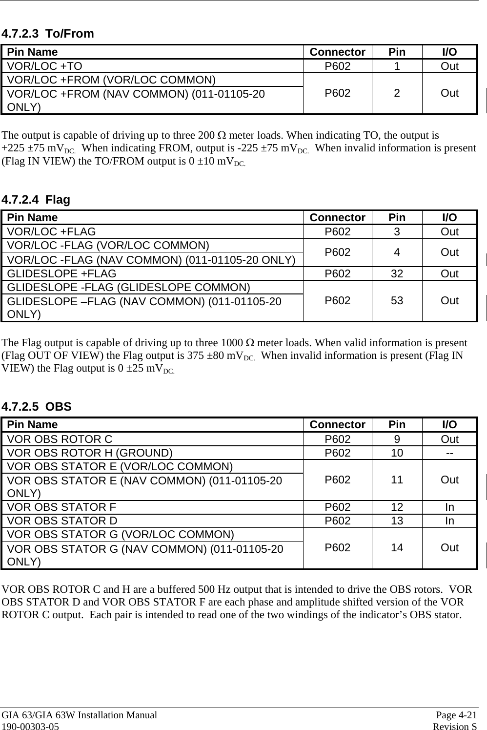  GIA 63/GIA 63W Installation Manual  Page 4-21 190-00303-05  Revision S 4.7.2.3 To/From Pin Name  Connector  Pin  I/O VOR/LOC +TO  P602  1  Out VOR/LOC +FROM (VOR/LOC COMMON)  VOR/LOC +FROM (NAV COMMON) (011-01105-20 ONLY) P602 2 Out  The output is capable of driving up to three 200 Ω meter loads. When indicating TO, the output is +225 ±75 mVDC.  When indicating FROM, output is -225 ±75 mVDC.  When invalid information is present (Flag IN VIEW) the TO/FROM output is 0 ±10 mVDC.  4.7.2.4 Flag Pin Name  Connector  Pin  I/O VOR/LOC +FLAG  P602  3  Out VOR/LOC -FLAG (VOR/LOC COMMON)  VOR/LOC -FLAG (NAV COMMON) (011-01105-20 ONLY)  P602 4 Out GLIDESLOPE +FLAG  P602  32  Out GLIDESLOPE -FLAG (GLIDESLOPE COMMON) GLIDESLOPE –FLAG (NAV COMMON) (011-01105-20 ONLY) P602 53 Out  The Flag output is capable of driving up to three 1000 Ω meter loads. When valid information is present (Flag OUT OF VIEW) the Flag output is 375 ±80 mVDC.  When invalid information is present (Flag IN VIEW) the Flag output is 0 ±25 mVDC.  4.7.2.5 OBS Pin Name  Connector  Pin  I/O VOR OBS ROTOR C  P602  9  Out VOR OBS ROTOR H (GROUND)  P602  10  -- VOR OBS STATOR E (VOR/LOC COMMON) VOR OBS STATOR E (NAV COMMON) (011-01105-20 ONLY) P602 11 Out VOR OBS STATOR F  P602  12  In VOR OBS STATOR D  P602  13  In VOR OBS STATOR G (VOR/LOC COMMON) VOR OBS STATOR G (NAV COMMON) (011-01105-20 ONLY) P602 14 Out  VOR OBS ROTOR C and H are a buffered 500 Hz output that is intended to drive the OBS rotors.  VOR OBS STATOR D and VOR OBS STATOR F are each phase and amplitude shifted version of the VOR ROTOR C output.  Each pair is intended to read one of the two windings of the indicator’s OBS stator. 