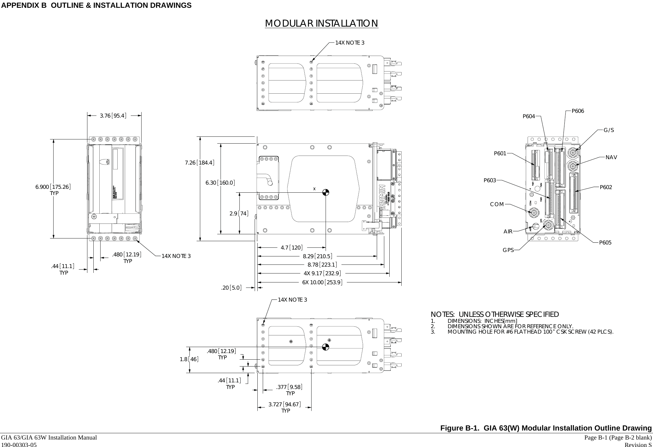 APPENDIX B  OUTLINE &amp; INSTALLATION DRAWINGS GIA 63/GIA 63W Installation Manual     Page B-1 (Page B-2 blank) 190-00303-05   Revision S  1.8 462.9 744.7 12014X NOTE 3.480 12.19TYP9.58TYP.37794.673.727TYP.44 11.1TYPMODULAR INSTALLATION14X NOTE 312.19TYP175.26TYP6.90011.1TYP.44.4803.76 95.414X NOTE 3P606P601P603COMAIRGPS P605P602NAVG/SP604MOUNTING HOLE FOR #6 FLAT HEAD 100  CSK SCREW (42 PLCS).3.NOTES:  UNLESS OTHERWISE SPECIFIEDDIMENSIONS:  INCHES[mm]1. DIMENSIONS SHOWN ARE FOR REFERENCE ONLY.2.10.00 253.9160.06.30184.47.26210.58.29 223.18.78 232.99.174X6X.20 5.0  Figure B-1.  GIA 63(W) Modular Installation Outline Drawing 