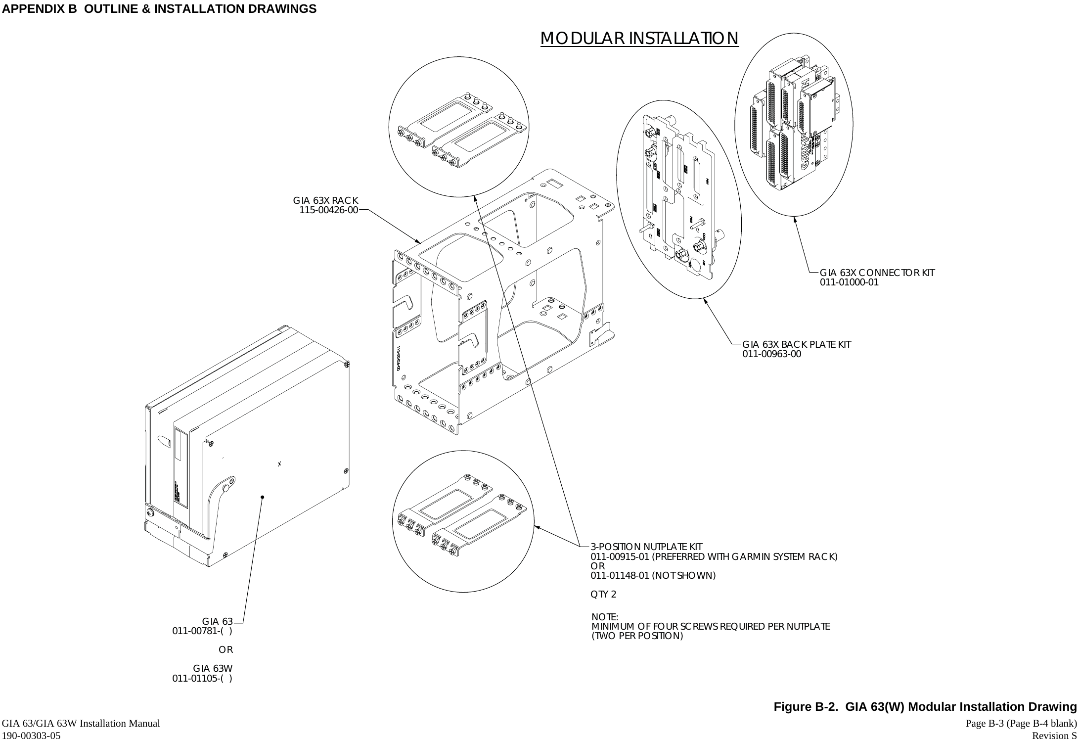 APPENDIX B  OUTLINE &amp; INSTALLATION DRAWINGS GIA 63/GIA 63W Installation Manual     Page B-3 (Page B-4 blank) 190-00303-05   Revision S  GIA 63011-00781-(  )ORGIA 63W011-01105-(  )3-POSITION NUTPLATE KIT011-00915-01 (PREFERRED WITH GARMIN SYSTEM RACK)OR011-01148-01 (NOT SHOWN)QTY 2GIA 63X BACK PLATE KIT011-00963-00GIA 63X CONNECTOR KIT011-01000-01GIA 63X RACK115-00426-00NOTE:MINIMUM OF FOUR SCREWS REQUIRED PER NUTPLATE(TWO PER POSITION)MODULAR INSTALLATION  Figure B-2.  GIA 63(W) Modular Installation Drawing 