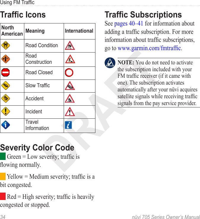 DRAFT34  nüvi 705 Series Owner’s ManualUsing FM TrafcTrafc IconsNorth American Meaning InternationalRoad ConditionRoad ConstructionRoad ClosedSlow TrafcAccidentIncidentTravel InformationSeverity Color Code Green = Low severity; trafc is owing normally. Yellow = Medium severity; trafc is a bit congested. Red = High severity; trafc is heavily congested or stopped. Trafc SubscriptionsSee pages 40–41 for information about adding a trafc subscription. For more information about trafc subscriptions, go to www.garmin.com/fmtrafc.   NOTE: You do not need to activate the subscription included with your FM trafc receiver (if it came with one). The subscription activates automatically after your nüvi acquires satellite signals while receiving trafc signals from the pay service provider. 