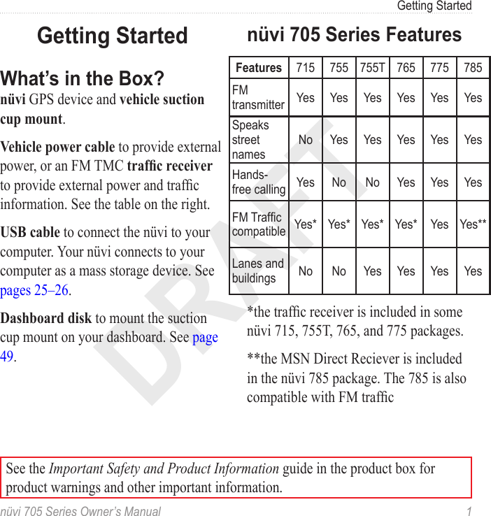 DRAFTnüvi 705 Series Owner’s Manual  1Getting StartedGetting StartedWhat’s in the Box?nüvi GPS device and vehicle suction cup mount.Vehicle power cable to provide external power, or an FM TMC trafc receiver to provide external power and trafc information. See the table on the right. USB cable to connect the nüvi to your computer. Your nüvi connects to your computer as a mass storage device. See pages 25–26. Dashboard disk to mount the suction cup mount on your dashboard. See page 49.nüvi 705 Series FeaturesFeatures 715 755 755T 765 775 785FM transmitter Yes Yes Yes Yes Yes YesSpeaks street namesNo Yes Yes Yes Yes YesHands-free calling Yes No No Yes Yes YesFM Trafc compatible Yes* Yes* Yes* Yes* Yes Yes**Lanes and buildings No No Yes Yes Yes Yes*the trafc receiver is included in some nüvi 715, 755T, 765, and 775 packages. **the MSN Direct Reciever is included in the nüvi 785 package. The 785 is also compatible with FM trafcSee the Important Safety and Product Information guide in the product box for product warnings and other important information.
