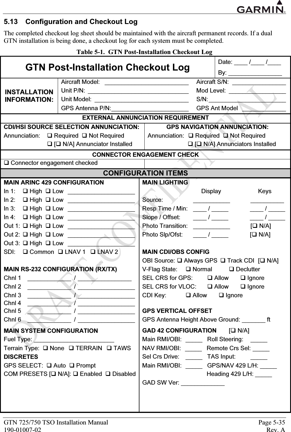  GTN 725/750 TSO Installation Manual  Page 5-35 190-01007-02  Rev. A 5.13  Configuration and Checkout Log The completed checkout log sheet should be maintained with the aircraft permanent records. If a dual GTN installation is being done, a checkout log for each system must be completed. Table 5-1.  GTN Post-Installation Checkout Log GTN Post-Installation Checkout Log  Date: ____ /____ /____ By: ________________ INSTALLATION INFORMATION: Aircraft Model:  _________________________  Unit P/N:  ______________________________  Unit Model:  ____________________________  GPS Antenna P/N:_______________________  Aircraft S/N:  ________________Mod Level:  _________________S/N:_______________________GPS Ant Model  _____________EXTERNAL ANNUNCIATION REQUIREMENT CDI/HSI SOURCE SELECTION ANNUNCIATION:  GPS NAVIGATION ANNUNCIATION: Annunciation:   Required   Not Required  Annunciation:   Required   Not Required  [ N/A] Annunciator Installed   [ N/A] Annunciators Installed CONNECTOR ENGAGEMENT CHECK  Connector engagement checked   CONFIGURATION ITEMS MAIN ARINC 429 CONFIGURATION  MAIN LIGHTING In 1:    High   Low  ____________________ Display  Keys In 2:   High   Low  ____________________ Source:   ___________  __________ In 3:   High   Low  ____________________ Resp Time / Min:   ____ / _____  ____ / _____ In 4:   High   Low  ____________________ Slope / Offset:   ____ / _____  ____ / _____ Out 1:   High   Low  ____________________ Photo Transition:   ___________  [ N/A] Out 2:   High   Low  ____________________ Photo Slp/Ofst:  ____ / _____  [ N/A] Out 3:   High   Low  ____________________  SDI:    Common   LNAV 1   LNAV 2    MAIN CDI/OBS CONFIG  OBI Source:  Always GPS   Track CDI  [ N/A] MAIN RS-232 CONFIGURATION (RX/TX)  V-Flag State:   Normal    Declutter  Chnl 1  _____________ / ________________   SEL CRS for GPS:       Allow        Ignore Chnl 2  _____________ / _________________ SEL CRS for VLOC:    Allow        Ignore Chnl 3  _____________ / _________________ CDI Key:    Allow        Ignore Chnl 4  _____________ / _________________  Chnl 5  _____________ / _________________ GPS VERTICAL OFFSET Chnl 6  _____________ / _________________ GPS Antenna Height Above Ground: _______ ft    MAIN SYSTEM CONFIGURATION  GAD 42 CONFIGURATION   [ N/A] Fuel Type: ________________________  Main RMI/OBI:  _____  Roll Steering:  _____ Terrain Type:   None   TERRAIN    TAWS  NAV RMI/OBI:   _____  Remote Crs Sel: _____ DISCRETES  Sel Crs Drive:   _____  TAS Input:   _____ GPS SELECT:   Auto   Prompt  Main RMI/OBI:  _____  GPS/NAV 429 L/H: _____ COM PRESETS [ N/A]:  Enabled   Disabled Heading 429 L/H: _____   GAD SW Ver: _____________   