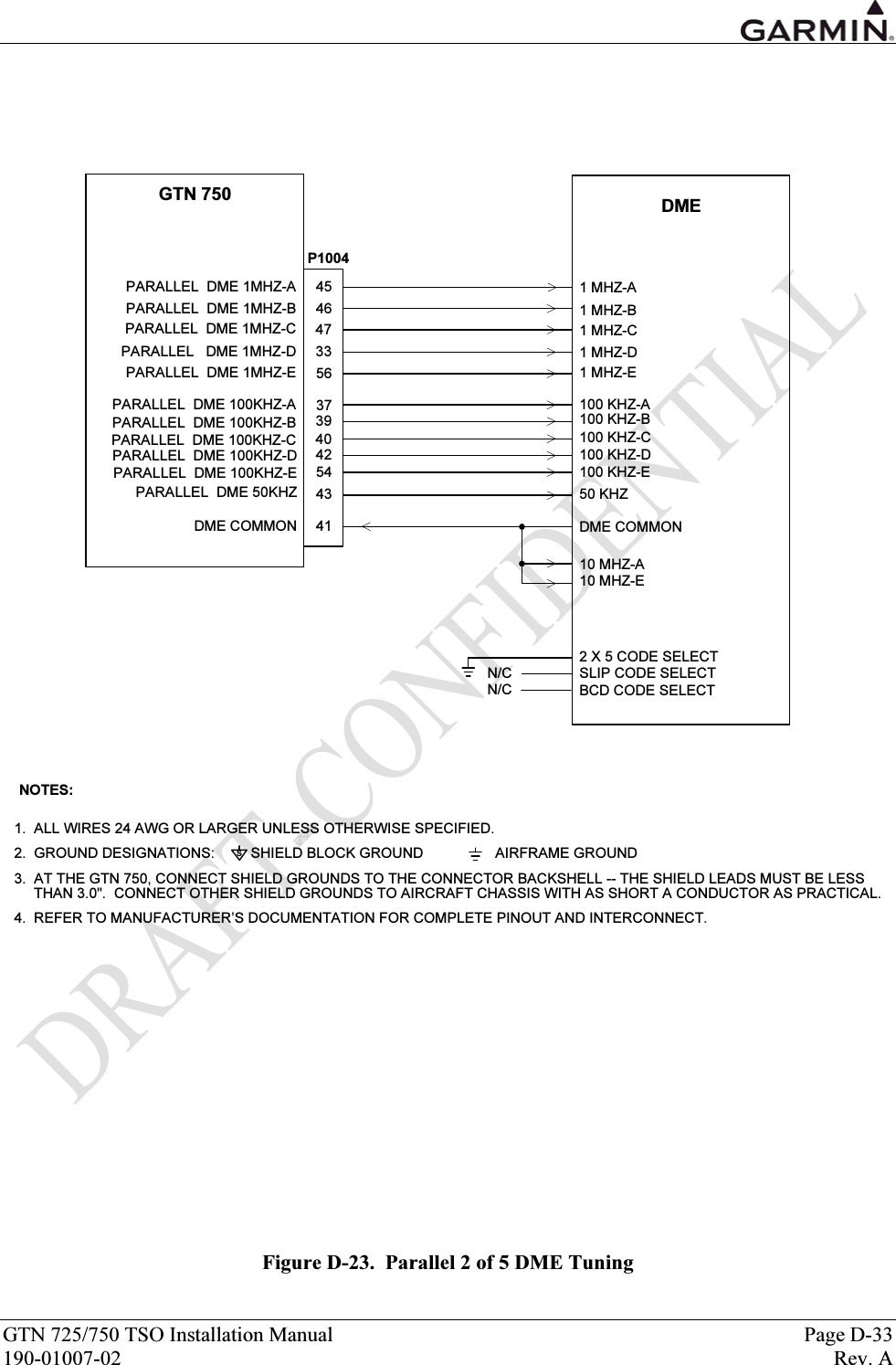  GTN 725/750 TSO Installation Manual  Page D-33 190-01007-02  Rev. A DME1 MHZ-A1 MHZ-B1 MHZ-C1 MHZ-D1 MHZ-E100 KHZ-A100 KHZ-B100 KHZ-C2 X 5 CODE SELECTSLIP CODE SELECT10 MHZ-ADME COMMONBCD CODE SELECT100 KHZ-D100 KHZ-E50 KHZ10 MHZ-EGTN 750PARALLEL  DME 1MHZ-APARALLEL  DME 1MHZ-BPARALLEL  DME 1MHZ-CPARALLEL   DME 1MHZ-DPARALLEL  DME 1MHZ-EPARALLEL  DME 100KHZ-APARALLEL  DME 100KHZ-BPARALLEL  DME 100KHZ-CDME COMMONPARALLEL  DME 100KHZ-DPARALLEL  DME 100KHZ-EPARALLEL  DME 50KHZ454647335637394041435442N/CN/CNOTES:1.  ALL WIRES 24 AWG OR LARGER UNLESS OTHERWISE SPECIFIED.2.  GROUND DESIGNATIONS:         SHIELD BLOCK GROUND                  AIRFRAME GROUND3.  AT THE GTN 750, CONNECT SHIELD GROUNDS TO THE CONNECTOR BACKSHELL -- THE SHIELD LEADS MUST BE LESS THAN 3.0&quot;.  CONNECT OTHER SHIELD GROUNDS TO AIRCRAFT CHASSIS WITH AS SHORT A CONDUCTOR AS PRACTICAL. 4. REFER TO MANUFACTURER’S DOCUMENTATION FOR COMPLETE PINOUT AND INTERCONNECT.sP1004 Figure D-23.  Parallel 2 of 5 DME Tuning 