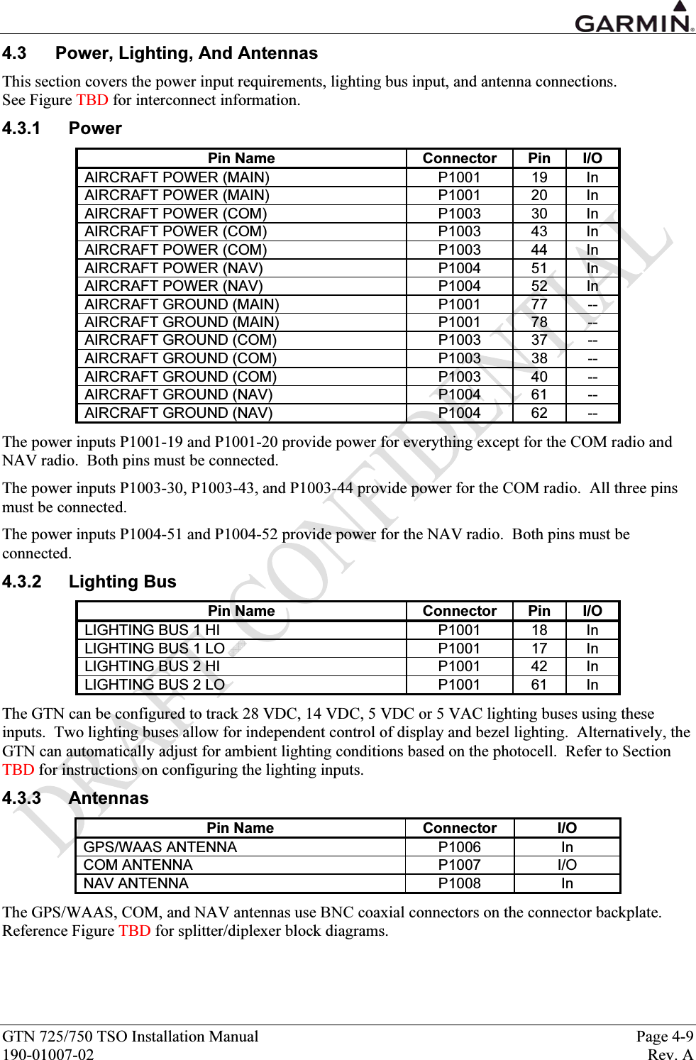  GTN 725/750 TSO Installation Manual  Page 4-9 190-01007-02  Rev. A 4.3  Power, Lighting, And Antennas This section covers the power input requirements, lighting bus input, and antenna connections.   See Figure TBD for interconnect information. 4.3.1 Power Pin Name  Connector  Pin  I/O AIRCRAFT POWER (MAIN)  P1001  19  In AIRCRAFT POWER (MAIN)  P1001  20  In AIRCRAFT POWER (COM)  P1003  30  In AIRCRAFT POWER (COM)  P1003  43  In AIRCRAFT POWER (COM)  P1003  44  In AIRCRAFT POWER (NAV)  P1004  51  In AIRCRAFT POWER (NAV)  P1004  52  In AIRCRAFT GROUND (MAIN)  P1001  77  -- AIRCRAFT GROUND (MAIN)  P1001  78  -- AIRCRAFT GROUND (COM)  P1003  37  -- AIRCRAFT GROUND (COM)  P1003  38  -- AIRCRAFT GROUND (COM)  P1003  40  -- AIRCRAFT GROUND (NAV)  P1004  61  -- AIRCRAFT GROUND (NAV)  P1004  62  -- The power inputs P1001-19 and P1001-20 provide power for everything except for the COM radio and NAV radio.  Both pins must be connected. The power inputs P1003-30, P1003-43, and P1003-44 provide power for the COM radio.  All three pins must be connected. The power inputs P1004-51 and P1004-52 provide power for the NAV radio.  Both pins must be connected. 4.3.2 Lighting Bus Pin Name  Connector  Pin  I/O LIGHTING BUS 1 HI  P1001  18  In LIGHTING BUS 1 LO  P1001  17  In LIGHTING BUS 2 HI  P1001  42  In LIGHTING BUS 2 LO  P1001  61  In The GTN can be configured to track 28 VDC, 14 VDC, 5 VDC or 5 VAC lighting buses using these inputs.  Two lighting buses allow for independent control of display and bezel lighting.  Alternatively, the GTN can automatically adjust for ambient lighting conditions based on the photocell.  Refer to Section TBD for instructions on configuring the lighting inputs. 4.3.3 Antennas Pin Name  Connector  I/O GPS/WAAS ANTENNA  P1006  In COM ANTENNA  P1007  I/O NAV ANTENNA  P1008  In The GPS/WAAS, COM, and NAV antennas use BNC coaxial connectors on the connector backplate.  Reference Figure TBD for splitter/diplexer block diagrams. 