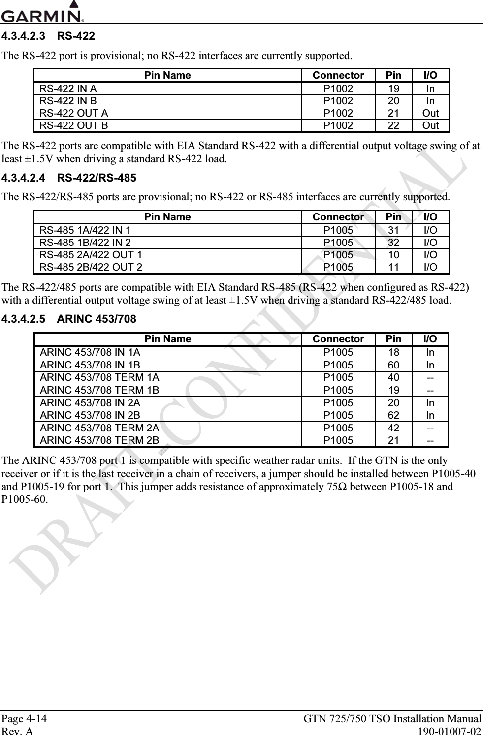  Page 4-14  GTN 725/750 TSO Installation Manual Rev. A  190-01007-02 4.3.4.2.3 RS-422 The RS-422 port is provisional; no RS-422 interfaces are currently supported. Pin Name  Connector  Pin  I/O RS-422 IN A  P1002  19  In RS-422 IN B  P1002  20  In RS-422 OUT A  P1002  21  Out RS-422 OUT B  P1002  22  Out The RS-422 ports are compatible with EIA Standard RS-422 with a differential output voltage swing of at least ±1.5V when driving a standard RS-422 load. 4.3.4.2.4 RS-422/RS-485 The RS-422/RS-485 ports are provisional; no RS-422 or RS-485 interfaces are currently supported. Pin Name  Connector  Pin  I/O RS-485 1A/422 IN 1  P1005  31  I/O RS-485 1B/422 IN 2  P1005  32  I/O RS-485 2A/422 OUT 1  P1005  10  I/O RS-485 2B/422 OUT 2  P1005  11  I/O The RS-422/485 ports are compatible with EIA Standard RS-485 (RS-422 when configured as RS-422) with a differential output voltage swing of at least ±1.5V when driving a standard RS-422/485 load. 4.3.4.2.5 ARINC 453/708 Pin Name  Connector  Pin  I/O ARINC 453/708 IN 1A  P1005  18  In ARINC 453/708 IN 1B  P1005  60  In ARINC 453/708 TERM 1A  P1005  40  -- ARINC 453/708 TERM 1B  P1005  19  -- ARINC 453/708 IN 2A  P1005  20  In ARINC 453/708 IN 2B  P1005  62  In ARINC 453/708 TERM 2A  P1005  42  -- ARINC 453/708 TERM 2B  P1005  21  -- The ARINC 453/708 port 1 is compatible with specific weather radar units.  If the GTN is the only receiver or if it is the last receiver in a chain of receivers, a jumper should be installed between P1005-40 and P1005-19 for port 1.  This jumper adds resistance of approximately 75Ω between P1005-18 and P1005-60.   