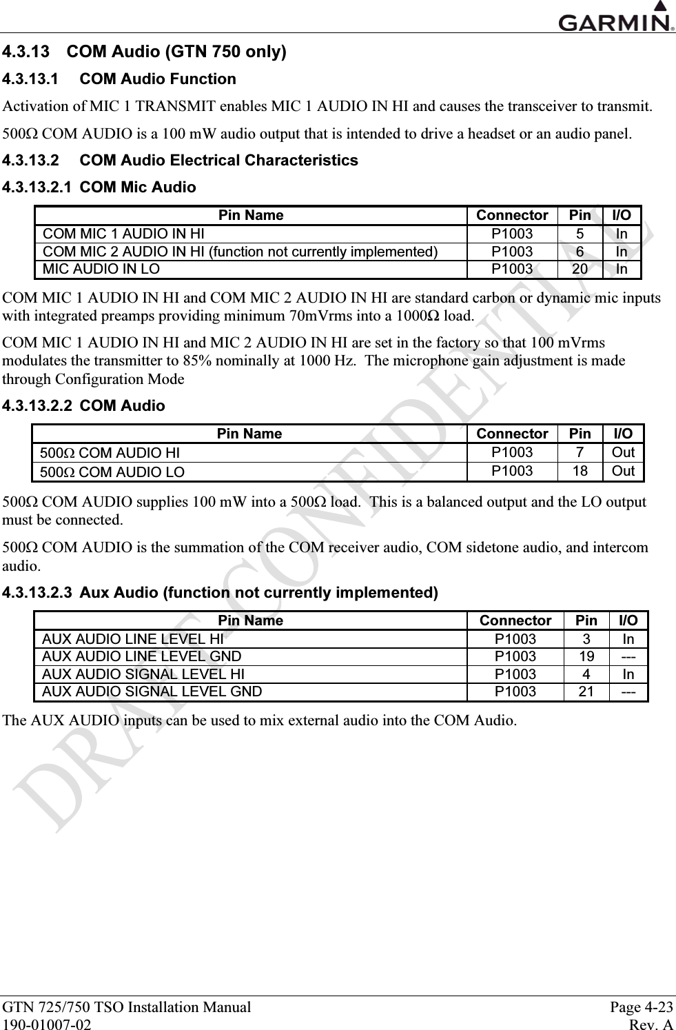  GTN 725/750 TSO Installation Manual  Page 4-23 190-01007-02  Rev. A 4.3.13  COM Audio (GTN 750 only) 4.3.13.1  COM Audio Function Activation of MIC 1 TRANSMIT enables MIC 1 AUDIO IN HI and causes the transceiver to transmit. 500Ω COM AUDIO is a 100 mW audio output that is intended to drive a headset or an audio panel. 4.3.13.2  COM Audio Electrical Characteristics 4.3.13.2.1 COM Mic Audio Pin Name  Connector  Pin  I/O COM MIC 1 AUDIO IN HI  P1003  5  In COM MIC 2 AUDIO IN HI (function not currently implemented)  P1003  6  In MIC AUDIO IN LO  P1003  20  In COM MIC 1 AUDIO IN HI and COM MIC 2 AUDIO IN HI are standard carbon or dynamic mic inputs with integrated preamps providing minimum 70mVrms into a 1000Ω load. COM MIC 1 AUDIO IN HI and MIC 2 AUDIO IN HI are set in the factory so that 100 mVrms modulates the transmitter to 85% nominally at 1000 Hz.  The microphone gain adjustment is made through Configuration Mode 4.3.13.2.2 COM Audio Pin Name  Connector  Pin  I/O 500Ω COM AUDIO HI  P1003 7 Out500Ω COM AUDIO LO  P1003 18 Out500Ω COM AUDIO supplies 100 mW into a 500Ω load.  This is a balanced output and the LO output must be connected. 500Ω COM AUDIO is the summation of the COM receiver audio, COM sidetone audio, and intercom audio. 4.3.13.2.3  Aux Audio (function not currently implemented) Pin Name  Connector  Pin  I/O AUX AUDIO LINE LEVEL HI   P1003  3  In AUX AUDIO LINE LEVEL GND  P1003  19  --- AUX AUDIO SIGNAL LEVEL HI  P1003  4  In AUX AUDIO SIGNAL LEVEL GND  P1003  21  --- The AUX AUDIO inputs can be used to mix external audio into the COM Audio. 