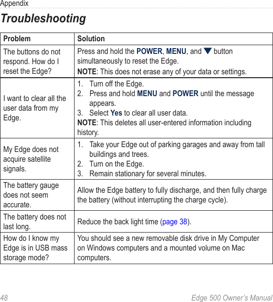 48  Edge 500 Owner’s ManualAppendixTroubleshootingProblem SolutionThe buttons do not respond. How do I reset the Edge?Press and hold the POWER, MENU, and   button simultaneously to reset the Edge. NOTE: This does not erase any of your data or settings. I want to clear all the user data from my Edge.1.  Turn off the Edge.2.  Press and hold MENU and POWER until the message appears.3.  Select Yes to clear all user data. NOTE: This deletes all user-entered information including history.My Edge does not acquire satellite signals.1.  Take your Edge out of parking garages and away from tall buildings and trees. 2.  Turn on the Edge.3.  Remain stationary for several minutes.The battery gauge does not seem accurate.Allow the Edge battery to fully discharge, and then fully charge the battery (without interrupting the charge cycle).The battery does not last long. Reduce the back light time (page 38).How do I know my Edge is in USB mass storage mode?You should see a new removable disk drive in My Computer on Windows computers and a mounted volume on Mac computers. 