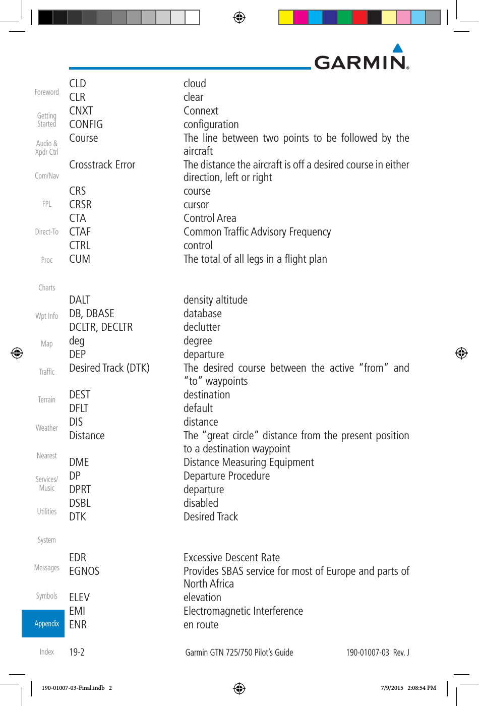 19-2Garmin GTN 725/750 Pilot’s Guide190-01007-03  Rev. JForewordGetting StartedAudio &amp;  Xpdr CtrlCom/NavFPLDirect-ToProcChartsWpt InfoMapTrafﬁcTerrainWeatherNearestServices/ MusicUtilitiesSystemMessagesSymbolsAppendixIndexCLD cloudCLR clearCNXT ConnextCONFIG conﬁgurationCourse  The line between two points to be followed by the aircraftCrosstrack Error  The distance the aircraft is off a desired course in either direction, left or rightCRS courseCRSR cursorCTA Control AreaCTAF  Common Trafﬁc Advisory FrequencyCTRL controlCUM  The total of all legs in a ﬂight planDALT density altitudeDB, DBASE  databaseDCLTR, DECLTR  declutterdeg degreeDEP departureDesired Track (DTK)  The desired course between the active “from” and “to” waypointsDEST destinationDFLT defaultDIS distanceDistance  The “great circle” distance from the present position to a destination waypointDME  Distance Measuring EquipmentDP Departure ProcedureDPRT departureDSBL disabledDTK Desired TrackEDR  Excessive Descent RateEGNOS  Provides SBAS service for most of Europe and parts of North AfricaELEV elevationEMI Electromagnetic InterferenceENR en route190-01007-03-Final.indb   2 7/9/2015   2:08:54 PM