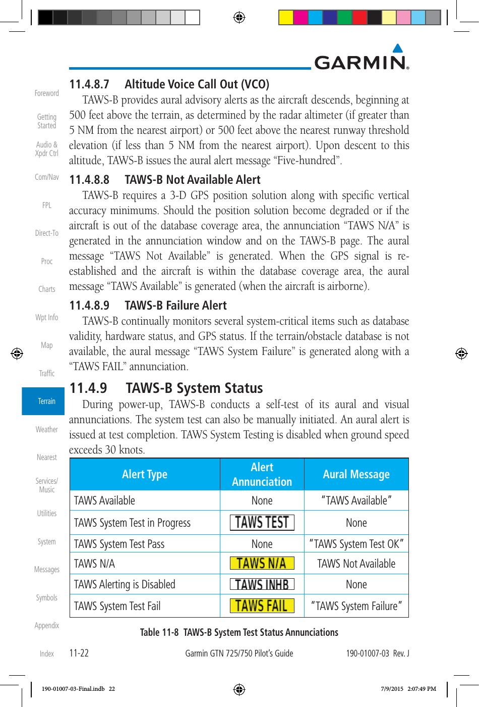 11-22Garmin GTN 725/750 Pilot’s Guide190-01007-03  Rev. JForewordGetting StartedAudio &amp;  Xpdr CtrlCom/NavFPLDirect-ToProcChartsWpt InfoMapTrafﬁcTerrainWeatherNearestServices/ MusicUtilitiesSystemMessagesSymbolsAppendixIndex11.4.8.7  Altitude Voice Call Out (VCO)TAWS-B provides aural advisory alerts as the aircraft descends, beginning at 500 feet above the terrain, as determined by the radar altimeter (if greater than 5 NM from the nearest airport) or 500 feet above the nearest runway threshold elevation (if less than 5 NM from the nearest airport). Upon descent to this altitude, TAWS-B issues the aural alert message “Five-hundred”. 11.4.8.8  TAWS-B Not Available AlertTAWS-B requires a 3-D GPS position solution along with speciﬁc vertical accuracy minimums. Should the position solution become degraded or if the aircraft is out of the database coverage area, the annunciation “TAWS N/A” is generated in the annunciation window and on the TAWS-B page. The aural message “TAWS Not Available” is generated. When the GPS signal is re-established and the aircraft is within the database coverage area, the aural message “TAWS Available” is generated (when the aircraft is airborne). 11.4.8.9 TAWS-B Failure AlertTAWS-B continually monitors several system-critical items such as database validity, hardware status, and GPS status. If the terrain/obstacle database is not available, the aural message “TAWS System Failure” is generated along with a “TAWS FAIL” annunciation. 11.4.9  TAWS-B System StatusDuring power-up, TAWS-B conducts a self-test of its aural and visual annunciations. The system test can also be manually initiated. An aural alert is issued at test completion. TAWS System Testing is disabled when ground speed exceeds 30 knots. Alert Type Alert Annunciation Aural MessageTAWS Available None “TAWS Available”TAWS System Test in Progress NoneTAWS System Test Pass None “TAWS System Test OK”TAWS N/A TAWS Not AvailableTAWS Alerting is Disabled NoneTAWS System Test Fail “TAWS System Failure”Table 11-8  TAWS-B System Test Status Annunciations190-01007-03-Final.indb   22 7/9/2015   2:07:49 PM