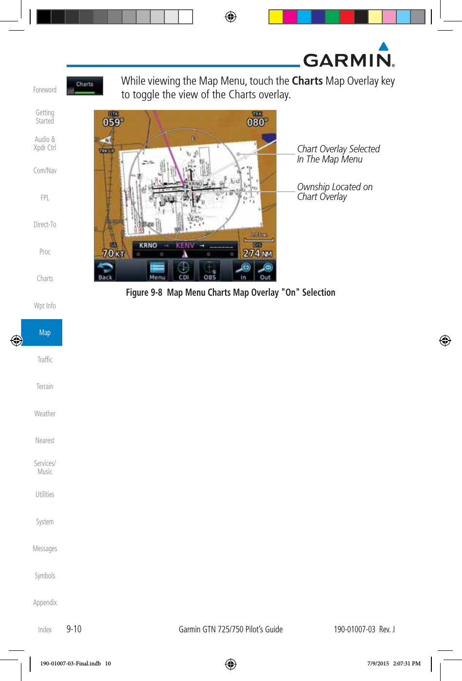 9-10Garmin GTN 725/750 Pilot’s Guide190-01007-03  Rev. JForewordGetting StartedAudio &amp;  Xpdr CtrlCom/NavFPLDirect-ToProcChartsWpt InfoMapTrafﬁcTerrainWeatherNearestServices/ MusicUtilitiesSystemMessagesSymbolsAppendixIndex  While viewing the Map Menu, touch the Charts Map Overlay key to toggle the view of the Charts overlay. Ownship Located on Chart OverlayChart Overlay Selected In The Map MenuFigure 9-8  Map Menu Charts Map Overlay &quot;On&quot; Selection190-01007-03-Final.indb   10 7/9/2015   2:07:31 PM