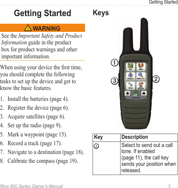 Rino 600 Series Owner’s Manual  3Getting Started   See the Important Safety and Product Information guide in the product box for product warnings and other important information.When using your device the rst time, you should complete the following tasks to set up the device and get to know the basic features.1.  Install the batteries (page 4).2.  Register the device (page 6). 3.  Acquire satellites (page 6).4.  Set up the radio (page 9).5.  Mark a waypoint (page 15).6.  Record a track (page 17).7.  Navigate to a destination (page 18).8.  Calibrate the compass (page 19).➌➊➋ ➊ Select to send out a call tone If enabled  (page 11), the call key sends your position when released