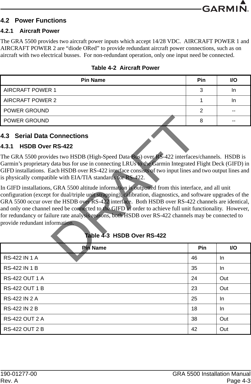 190-01277-00 GRA 5500 Installation ManualRev. A Page 4-34.2 Power Functions4.2.1 Aircraft PowerThe GRA 5500 provides two aircraft power inputs which accept 14/28 VDC.  AIRCRAFT POWER 1 and AIRCRAFT POWER 2 are “diode ORed” to provide redundant aircraft power connections, such as on aircraft with two electrical busses.  For non-redundant operation, only one input need be connected.4.3 Serial Data Connections4.3.1 HSDB Over RS-422The GRA 5500 provides two HSDB (High-Speed Data Bus) over RS-422 interfaces/channels.  HSDB is Garmin’s proprietary data bus for use in connecting LRUs to the Garmin Integrated Flight Deck (GIFD) in GIFD installations.  Each HSDB over RS-422 interface consists of two input lines and two output lines and is physically compatible with EIA/TIA standards for RS-422.In GIFD installations, GRA 5500 altitude information is outputted from this interface, and all unit configuration (except for dual/triple unit strapping), calibration, diagnostics, and software upgrades of the GRA 5500 occur over the HSDB over RS-422 interface.  Both HSDB over RS-422 channels are identical, and only one channel need be connected to the GIFD in order to achieve full unit functionality.  However, for redundancy or failure rate analysis reasons, both HSDB over RS-422 channels may be connected to provide redundant information.Table 4-2  Aircraft PowerPin Name Pin I/OAIRCRAFT POWER 1  3InAIRCRAFT POWER 2 1InPOWER GROUND 2--POWER GROUND 8--Table 4-3  HSDB Over RS-422Pin Name Pin I/ORS-422 IN 1 A 46 InRS-422 IN 1 B 35 InRS-422 OUT 1 A 24 OutRS-422 OUT 1 B 23 OutRS-422 IN 2 A 25 InRS-422 IN 2 B 18 InRS-422 OUT 2 A 38 OutRS-422 OUT 2 B 42 OutDRAFT