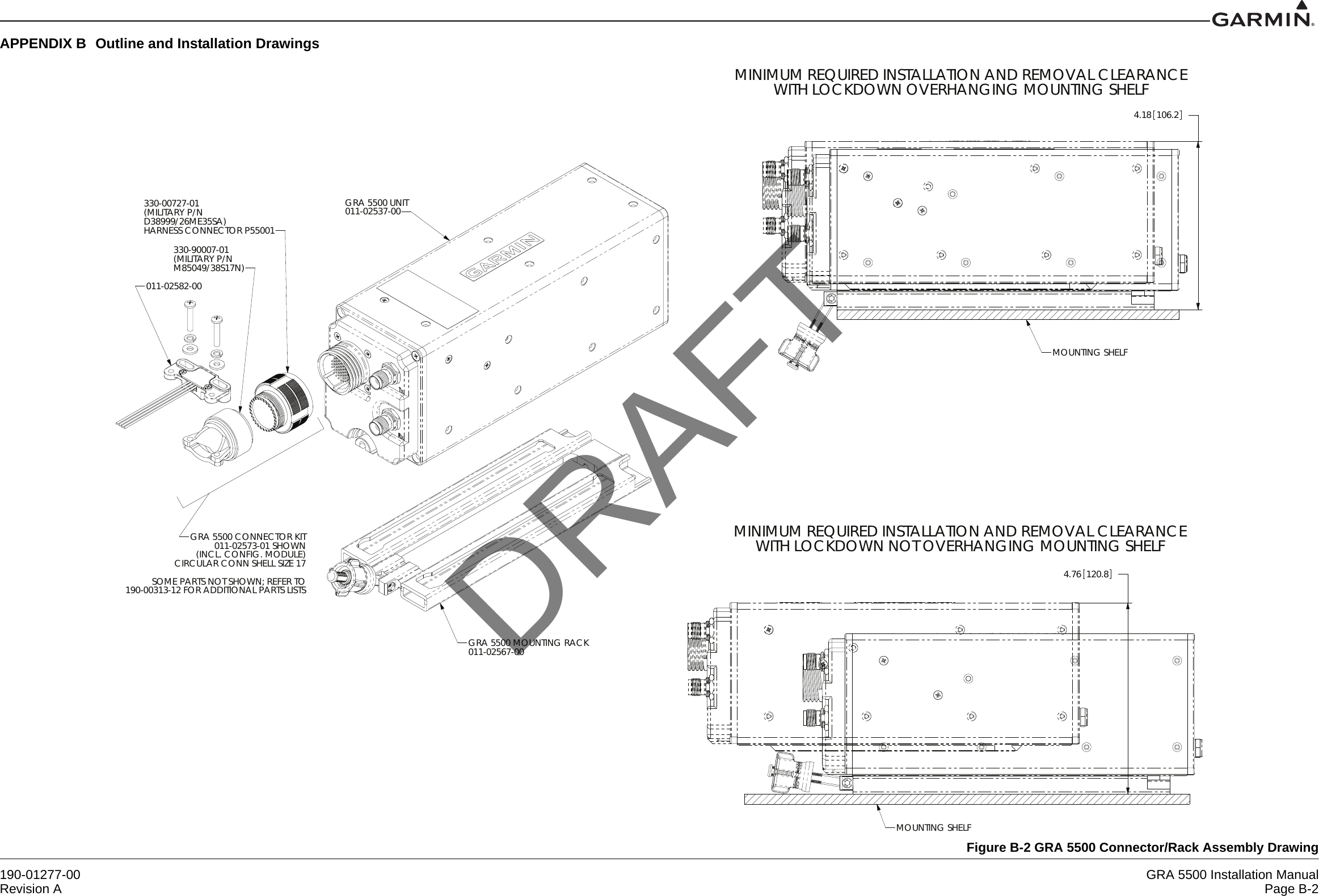 190-01277-00 GRA 5500 Installation ManualRevision A Page B-2APPENDIX B Outline and Installation DrawingsFigure B-2 GRA 5500 Connector/Rack Assembly DrawingGRA 5500 UNIT011-02537-00GRA 5500 MOUNTING RACK011-02567-00GRA 5500 CONNECTOR KIT011-02573-01 SHOWN(INCL. CONFIG. MODULE)CIRCULAR CONN SHELL SIZE 17SOME PARTS NOT SHOWN; REFER TO190-00313-12 FOR ADDITIONAL PARTS LISTS330-00727-01(MILITARY P/ND38999/26ME35SA)HARNESS CONNECTOR P55001330-90007-01(MILITARY P/NM85049/38S17N)011-02582-004.18106.2MINIMUM REQUIRED INSTALLATION AND REMOVAL CLEARANCEWITH LOCKDOWN OVERHANGING MOUNTING SHELFMOUNTING SHELF4.76120.8MINIMUM REQUIRED INSTALLATION AND REMOVAL CLEARANCEWITH LOCKDOWN NOT OVERHANGING MOUNTING SHELFMOUNTING SHELFDRAFT