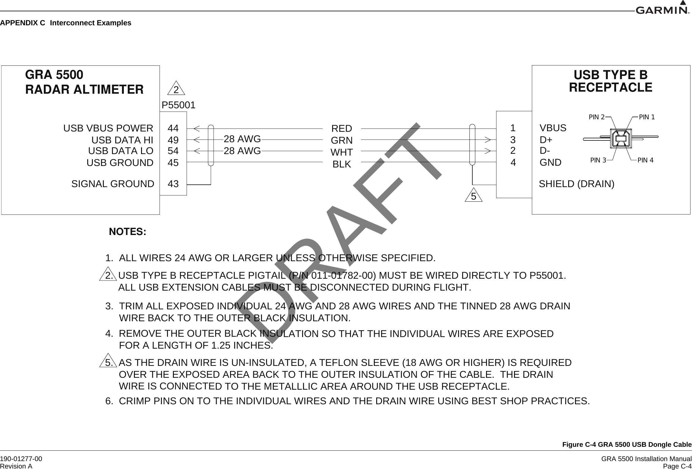 190-01277-00 GRA 5500 Installation ManualRevision A Page C-4APPENDIX C Interconnect ExamplesFigure C-4 GRA 5500 USB Dongle CableGRA 5500RADAR ALTIMETER USB TYPE BRECEPTACLENOTES:1.  ALL WIRES 24 AWG OR LARGER UNLESS OTHERWISE SPECIFIED. 4. REMOVE THE OUTER BLACK INSULATION SO THAT THE INDIVIDUAL WIRES ARE EXPOSED      FOR A LENGTH OF 1.25 INCHES. 6. CRIMP PINS ON TO THE INDIVIDUAL WIRES AND THE DRAIN WIRE USING BEST SHOP PRACTICES.USB DATA HIUSB VBUS POWERUSB DATA LOUSB GROUND44495445VBUSD+D-GND1324SHIELD (DRAIN)REDGRNWHTBLK28 AWG28 AWG5SIGNAL GROUND 433.  TRIM ALL EXPOSED INDIVIDUAL 24 AWG AND 28 AWG WIRES AND THE TINNED 28 AWG DRAIN     WIRE BACK TO THE OUTER BLACK INSULATION. USB TYPE B RECEPTACLE PIGTAIL (P/N 011-01782-00) MUST BE WIRED DIRECTLY TO P55001. ALL USB EXTENSION CABLES MUST BE DISCONNECTED DURING FLIGHT.  2  2.  5. AS THE DRAIN WIRE IS UN-INSULATED, A TEFLON SLEEVE (18 AWG OR HIGHER) IS REQUIRED      OVER THE EXPOSED AREA BACK TO THE OUTER INSULATION OF THE CABLE.  THE DRAIN     WIRE IS CONNECTED TO THE METALLLIC AREA AROUND THE USB RECEPTACLE. PIN 3PIN 1PIN 2PIN 4P55001DRAFT