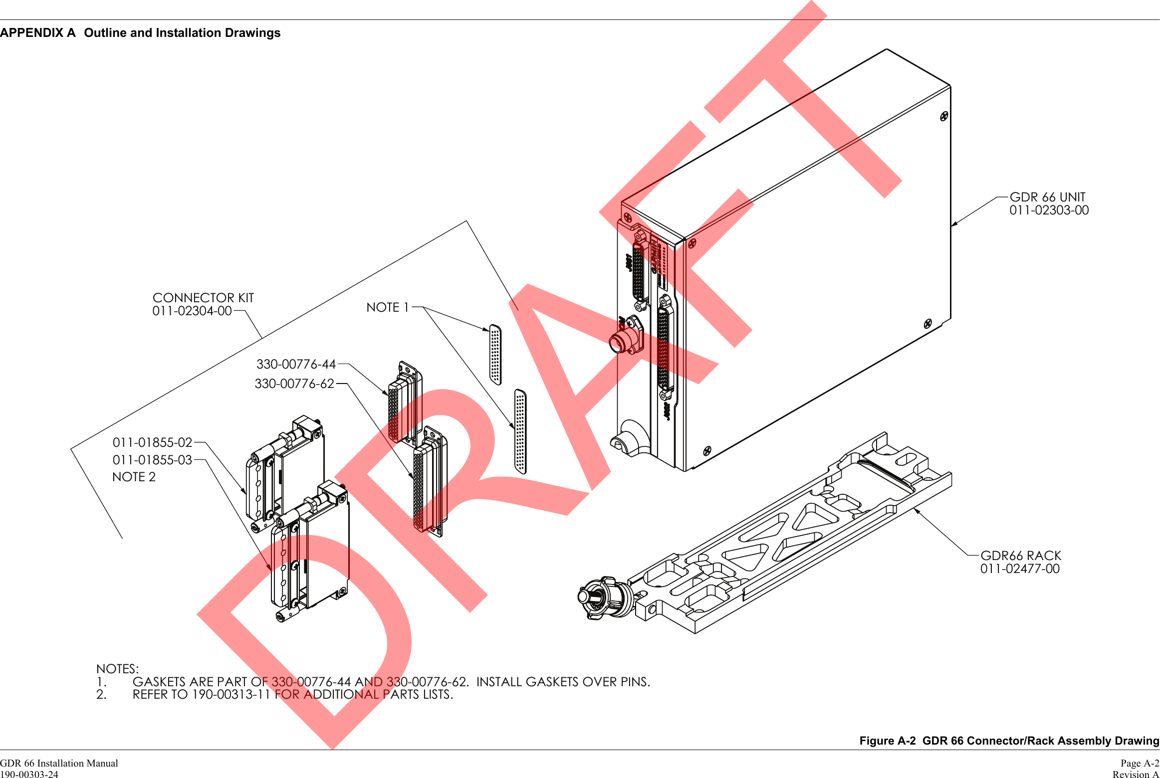 GDR 66 Installation Manual Page A-2190-00303-24 Revision AAPPENDIX A Outline and Installation DrawingsFigure A-2  GDR 66 Connector/Rack Assembly Drawing011-02477-00330-00776-442.GDR 66 UNIT011-02303-00GDR66 RACK011-02304-00011-01855-02011-01855-03330-00776-62NOTE 1CONNECTOR KITNOTES:GASKETS ARE PART OF 330-00776-44 AND 330-00776-62.  INSTALL GASKETS OVER PINS.1.REFER TO 190-00313-11 FOR ADDITIONAL PARTS LISTS.NOTE 2DRAFT