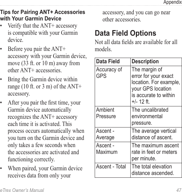 eTrex Owner’s Manual  47AppendixTips for Pairing ANT+ Accessories with Your Garmin Device•  Verify that the ANT+ accessory is compatible with your Garmin device.•  Before you pair the ANT+ accessory with your Garmin device, move (33 ft. or 10 m) away from other ANT+ accessories.•  Bring the Garmin device within range (10 ft. or 3 m) of the ANT+ accessory.•  After you pair the rst time, your Garmin device automatically recognizes the ANT+ accessory each time it is activated. This process occurs automatically when you turn on the Garmin device and only takes a few seconds when the accessories are activated and functioning correctly.•  When paired, your Garmin device receives data from only your accessory, and you can go near other accessories.Data Field OptionsNot all data elds are available for all models.Data Field DescriptionAccuracy of GPSThe margin of error for your exact location. For example, your GPS location is accurate to within +/- 12 ft.Ambient PressureThe uncalibrated environmental pressure.Ascent - AverageThe average vertical distance of ascent.Ascent - MaximumThe maximum ascent rate in feet or meters per minute.Ascent - Total The total elevation distance ascended.