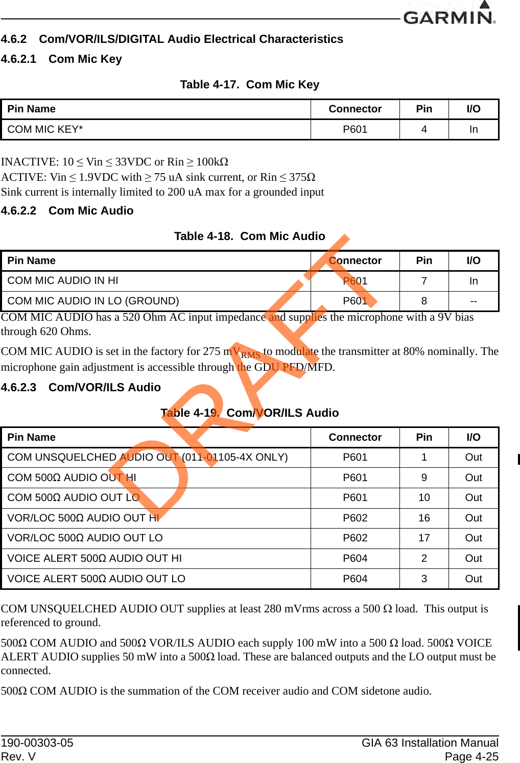190-00303-05 GIA 63 Installation ManualRev. V Page 4-254.6.2 Com/VOR/ILS/DIGITAL Audio Electrical Characteristics4.6.2.1 Com Mic KeyINACTIVE: 10 ≤ Vin ≤ 33VDC or Rin ≥ 100kΩACTIVE: Vin ≤ 1.9VDC with ≥ 75 uA sink current, or Rin ≤ 375ΩSink current is internally limited to 200 uA max for a grounded input4.6.2.2 Com Mic AudioCOM MIC AUDIO has a 520 Ohm AC input impedance and supplies the microphone with a 9V bias through 620 Ohms.COM MIC AUDIO is set in the factory for 275 mVRMS to modulate the transmitter at 80% nominally. Themicrophone gain adjustment is accessible through the GDU PFD/MFD.4.6.2.3 Com/VOR/ILS AudioCOM UNSQUELCHED AUDIO OUT supplies at least 280 mVrms across a 500  load.  This output is referenced to ground.500Ω COM AUDIO and 500Ω VOR/ILS AUDIO each supply 100 mW into a 500 Ω load. 500Ω VOICE ALERT AUDIO supplies 50 mW into a 500Ω load. These are balanced outputs and the LO output must be connected.500Ω COM AUDIO is the summation of the COM receiver audio and COM sidetone audio.Table 4-17.  Com Mic KeyPin Name Connector Pin I/OCOM MIC KEY* P601 4InTable 4-18.  Com Mic AudioPin Name Connector Pin I/OCOM MIC AUDIO IN HI P601 7InCOM MIC AUDIO IN LO (GROUND) P601 8--Table 4-19.  Com/VOR/ILS AudioPin Name Connector Pin I/OCOM UNSQUELCHED AUDIO OUT (011-01105-4X ONLY) P601 1OutCOM 500Ω AUDIO OUT HI P601 9OutCOM 500Ω AUDIO OUT LO P601 10 OutVOR/LOC 500Ω AUDIO OUT HI P602 16 OutVOR/LOC 500Ω AUDIO OUT LO P602 17 OutVOICE ALERT 500Ω AUDIO OUT HI P604 2OutVOICE ALERT 500Ω AUDIO OUT LO P604 3OutDRAFT