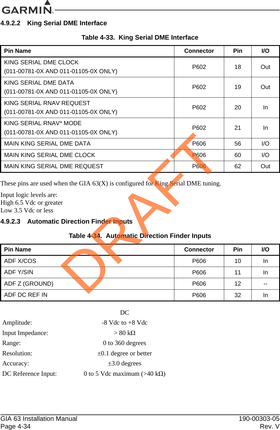 GIA 63 Installation Manual 190-00303-05Page 4-34 Rev. V4.9.2.2 King Serial DME InterfaceThese pins are used when the GIA 63(X) is configured for King Serial DME tuning.Input logic levels are:High 6.5 Vdc or greaterLow 3.5 Vdc or less4.9.2.3 Automatic Direction Finder InputsTable 4-33.  King Serial DME InterfacePin Name Connector Pin I/OKING SERIAL DME CLOCK(011-00781-0X AND 011-01105-0X ONLY) P602 18 OutKING SERIAL DME DATA(011-00781-0X AND 011-01105-0X ONLY) P602 19 OutKING SERIAL RNAV REQUEST(011-00781-0X AND 011-01105-0X ONLY) P602 20 InKING SERIAL RNAV* MODE(011-00781-0X AND 011-01105-0X ONLY) P602 21 InMAIN KING SERIAL DME DATA P606 56 I/OMAIN KING SERIAL DME CLOCK P606 60 I/OMAIN KING SERIAL DME REQUEST P606 62 OutTable 4-34.  Automatic Direction Finder InputsPin Name Connector Pin I/OADF X/COS P606 10 InADF Y/SIN P606 11 InADF Z (GROUND) P606 12 --ADF DC REF IN P606 32 InDCAmplitude: -8 Vdc to +8 VdcInput Impedance: &gt; 80 kΩRange: 0 to 360 degreesResolution: ±0.1 degree or betterAccuracy: ±3.0 degreesDC Reference Input: 0 to 5 Vdc maximum (&gt;40 kΩ)DRAFT