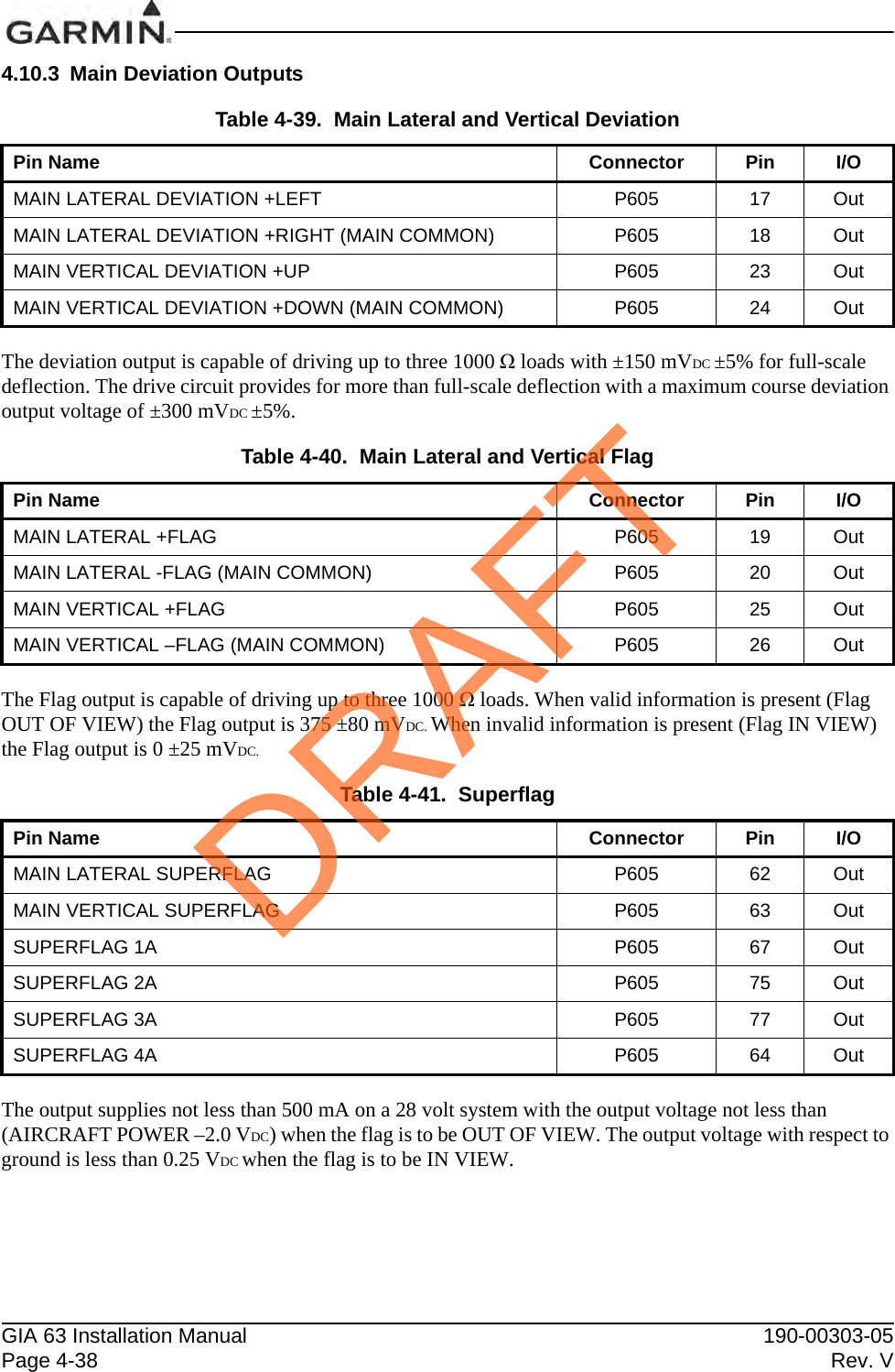GIA 63 Installation Manual 190-00303-05Page 4-38 Rev. V4.10.3 Main Deviation OutputsThe deviation output is capable of driving up to three 1000 Ω loads with ±150 mVDC ±5% for full-scale deflection. The drive circuit provides for more than full-scale deflection with a maximum course deviation output voltage of ±300 mVDC ±5%.The Flag output is capable of driving up to three 1000 Ω loads. When valid information is present (Flag OUT OF VIEW) the Flag output is 375 ±80 mVDC. When invalid information is present (Flag IN VIEW) the Flag output is 0 ±25 mVDC.The output supplies not less than 500 mA on a 28 volt system with the output voltage not less than (AIRCRAFT POWER –2.0 VDC) when the flag is to be OUT OF VIEW. The output voltage with respect to ground is less than 0.25 VDC when the flag is to be IN VIEW.Table 4-39.  Main Lateral and Vertical DeviationPin Name Connector Pin I/OMAIN LATERAL DEVIATION +LEFT P605 17 OutMAIN LATERAL DEVIATION +RIGHT (MAIN COMMON) P605 18 OutMAIN VERTICAL DEVIATION +UP P605 23 OutMAIN VERTICAL DEVIATION +DOWN (MAIN COMMON) P605 24 OutTable 4-40.  Main Lateral and Vertical FlagPin Name Connector Pin I/OMAIN LATERAL +FLAG P605 19 OutMAIN LATERAL -FLAG (MAIN COMMON) P605 20 OutMAIN VERTICAL +FLAG P605 25 OutMAIN VERTICAL –FLAG (MAIN COMMON) P605 26 OutTable 4-41.  SuperflagPin Name Connector Pin I/OMAIN LATERAL SUPERFLAG P605 62 OutMAIN VERTICAL SUPERFLAG P605 63 OutSUPERFLAG 1A P605 67 OutSUPERFLAG 2A P605 75 OutSUPERFLAG 3A P605 77 OutSUPERFLAG 4A P605 64 OutDRAFT