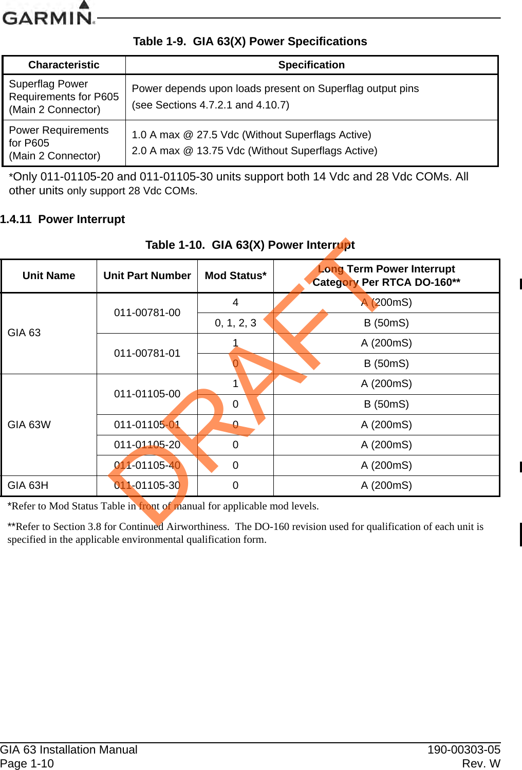 GIA 63 Installation Manual 190-00303-05Page 1-10 Rev. W1.4.11 Power InterruptSuperflag PowerRequirements for P605(Main 2 Connector)Power depends upon loads present on Superflag output pins(see Sections 4.7.2.1 and 4.10.7)Power Requirementsfor P605(Main 2 Connector)1.0 A max @ 27.5 Vdc (Without Superflags Active)2.0 A max @ 13.75 Vdc (Without Superflags Active)*Only 011-01105-20 and 011-01105-30 units support both 14 Vdc and 28 Vdc COMs. All other units only support 28 Vdc COMs.Table 1-10.  GIA 63(X) Power InterruptUnit Name Unit Part Number Mod Status* Long Term Power Interrupt Category Per RTCA DO-160**GIA 63011-00781-00 4A (200mS)0, 1, 2, 3 B (50mS)011-00781-01 1A (200mS)0B (50mS)GIA 63W011-01105-00 1A (200mS)0B (50mS)011-01105-01 0A (200mS)011-01105-20 0A (200mS)011-01105-40 0A (200mS)GIA 63H 011-01105-30 0A (200mS)*Refer to Mod Status Table in front of manual for applicable mod levels.**Refer to Section 3.8 for Continued Airworthiness.  The DO-160 revision used for qualification of each unit is specified in the applicable environmental qualification form.Table 1-9.  GIA 63(X) Power SpecificationsCharacteristic SpecificationDRAFT