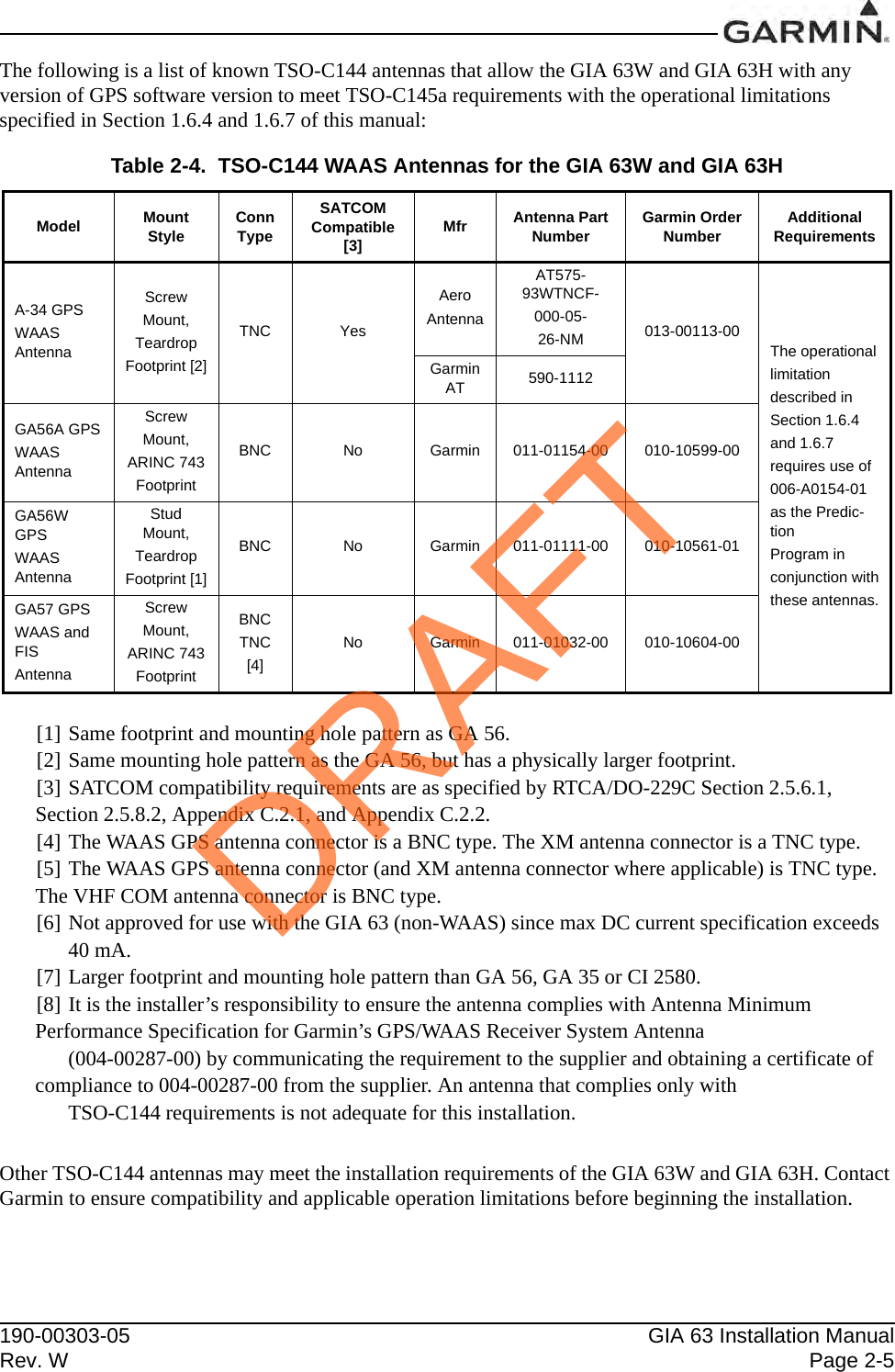 190-00303-05 GIA 63 Installation ManualRev. W Page 2-5The following is a list of known TSO-C144 antennas that allow the GIA 63W and GIA 63H with any version of GPS software version to meet TSO-C145a requirements with the operational limitations specified in Section 1.6.4 and 1.6.7 of this manual:[1] Same footprint and mounting hole pattern as GA 56.[2] Same mounting hole pattern as the GA 56, but has a physically larger footprint.[3] SATCOM compatibility requirements are as specified by RTCA/DO-229C Section 2.5.6.1, Section 2.5.8.2, Appendix C.2.1, and Appendix C.2.2.[4] The WAAS GPS antenna connector is a BNC type. The XM antenna connector is a TNC type.[5] The WAAS GPS antenna connector (and XM antenna connector where applicable) is TNC type. The VHF COM antenna connector is BNC type.[6] Not approved for use with the GIA 63 (non-WAAS) since max DC current specification exceeds40 mA.[7] Larger footprint and mounting hole pattern than GA 56, GA 35 or CI 2580.[8] It is the installer’s responsibility to ensure the antenna complies with Antenna Minimum Performance Specification for Garmin’s GPS/WAAS Receiver System Antenna (004-00287-00) by communicating the requirement to the supplier and obtaining a certificate of compliance to 004-00287-00 from the supplier. An antenna that complies only with TSO-C144 requirements is not adequate for this installation.Other TSO-C144 antennas may meet the installation requirements of the GIA 63W and GIA 63H. Contact Garmin to ensure compatibility and applicable operation limitations before beginning the installation.Table 2-4.  TSO-C144 WAAS Antennas for the GIA 63W and GIA 63HModel Mount Style Conn TypeSATCOM Compatible [3] Mfr Antenna Part Number Garmin Order Number Additional RequirementsA-34 GPSWAAS AntennaScrewMount,TeardropFootprint [2]TNC YesAeroAntennaAT575-93WTNCF-000-05-26-NM 013-00113-00The operationallimitationdescribed inSection 1.6.4and 1.6.7requires use of006-A0154-01as the Predic-tionProgram inconjunction withthese antennas.Garmin AT 590-1112GA56A GPSWAAS AntennaScrewMount,ARINC 743FootprintBNC No Garmin 011-01154-00 010-10599-00GA56W GPSWAAS AntennaStud Mount,TeardropFootprint [1]BNC No Garmin 011-01111-00 010-10561-01GA57 GPSWAAS and FISAntennaScrewMount,ARINC 743FootprintBNCTNC[4]No Garmin 011-01032-00 010-10604-00DRAFT