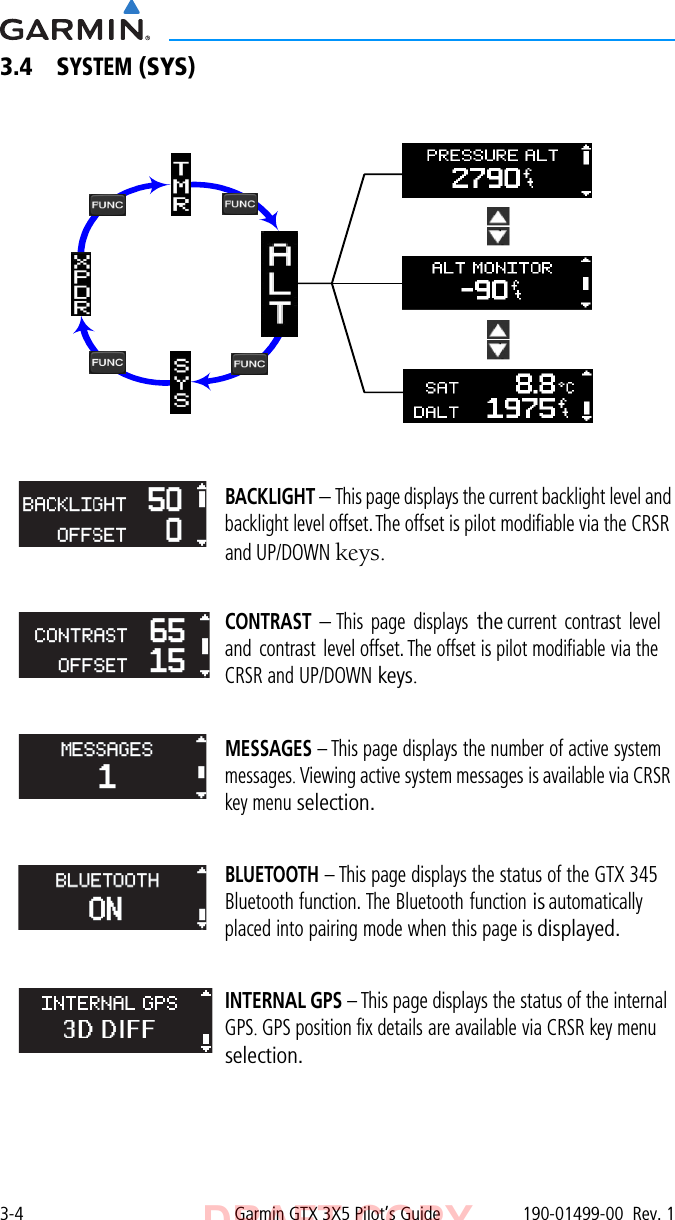 3-4 Garmin GTX 3X5 Pilot’s Guide 190-01499-00  Rev. 13.4 SYSTEM (SYS)BACKLIGHT – This page displays the current backlight level and backlight level offset. The offset is pilot modifiable via the CRSR and UP/DOWN keys.CONTRAST – This page displays the current contrast level and contrast level offset. The offset is pilot modifiable via the CRSR and UP/DOWN keys.MESSAGES – This page displays the number of active system messages. Viewing active system messages is available via CRSR key menu selection.BLUETOOTH – This page displays the status of the GTX 345 Bluetooth function. The Bluetooth function is automatically placed into pairing mode when this page is displayed.INTERNAL GPS – This page displays the status of the internal GPS. GPS position fix details are available via CRSR key menu selection.DRAFT COPY