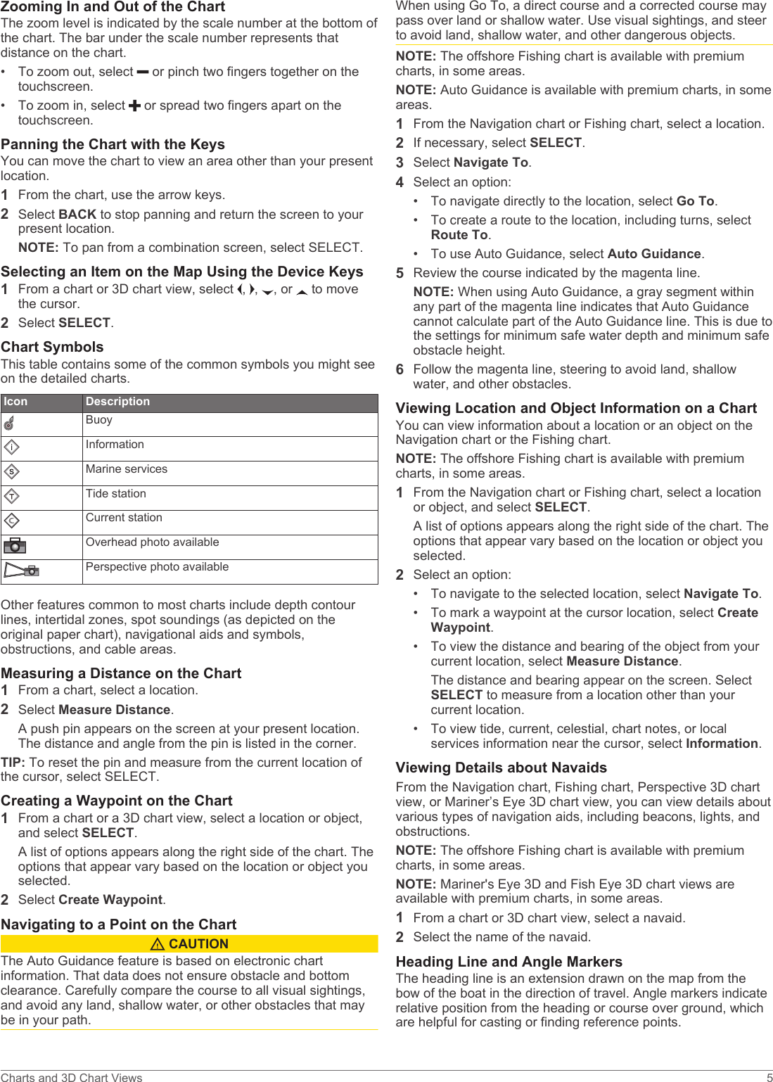Zooming In and Out of the ChartThe zoom level is indicated by the scale number at the bottom of the chart. The bar under the scale number represents that distance on the chart.• To zoom out, select   or pinch two fingers together on the touchscreen.• To zoom in, select   or spread two fingers apart on the touchscreen.Panning the Chart with the KeysYou can move the chart to view an area other than your present location.1From the chart, use the arrow keys.2Select BACK to stop panning and return the screen to your present location.NOTE: To pan from a combination screen, select SELECT.Selecting an Item on the Map Using the Device Keys1From a chart or 3D chart view, select  ,  ,  , or   to move the cursor.2Select SELECT.Chart SymbolsThis table contains some of the common symbols you might see on the detailed charts.Icon DescriptionBuoyInformationMarine servicesTide stationCurrent stationOverhead photo availablePerspective photo availableOther features common to most charts include depth contour lines, intertidal zones, spot soundings (as depicted on the original paper chart), navigational aids and symbols, obstructions, and cable areas.Measuring a Distance on the Chart1From a chart, select a location.2Select Measure Distance.A push pin appears on the screen at your present location. The distance and angle from the pin is listed in the corner.TIP: To reset the pin and measure from the current location of the cursor, select SELECT.Creating a Waypoint on the Chart1From a chart or a 3D chart view, select a location or object, and select SELECT.A list of options appears along the right side of the chart. The options that appear vary based on the location or object you selected.2Select Create Waypoint.Navigating to a Point on the Chart CAUTIONThe Auto Guidance feature is based on electronic chart information. That data does not ensure obstacle and bottom clearance. Carefully compare the course to all visual sightings, and avoid any land, shallow water, or other obstacles that may be in your path.When using Go To, a direct course and a corrected course may pass over land or shallow water. Use visual sightings, and steer to avoid land, shallow water, and other dangerous objects.NOTE: The offshore Fishing chart is available with premium charts, in some areas.NOTE: Auto Guidance is available with premium charts, in some areas.1From the Navigation chart or Fishing chart, select a location.2If necessary, select SELECT.3Select Navigate To.4Select an option:• To navigate directly to the location, select Go To.• To create a route to the location, including turns, select Route To.• To use Auto Guidance, select Auto Guidance.5Review the course indicated by the magenta line.NOTE: When using Auto Guidance, a gray segment within any part of the magenta line indicates that Auto Guidance cannot calculate part of the Auto Guidance line. This is due to the settings for minimum safe water depth and minimum safe obstacle height.6Follow the magenta line, steering to avoid land, shallow water, and other obstacles.Viewing Location and Object Information on a ChartYou can view information about a location or an object on the Navigation chart or the Fishing chart.NOTE: The offshore Fishing chart is available with premium charts, in some areas.1From the Navigation chart or Fishing chart, select a location or object, and select SELECT.A list of options appears along the right side of the chart. The options that appear vary based on the location or object you selected.2Select an option:• To navigate to the selected location, select Navigate To.• To mark a waypoint at the cursor location, select Create Waypoint.• To view the distance and bearing of the object from your current location, select Measure Distance.The distance and bearing appear on the screen. Select SELECT to measure from a location other than your current location.• To view tide, current, celestial, chart notes, or local services information near the cursor, select Information.Viewing Details about NavaidsFrom the Navigation chart, Fishing chart, Perspective 3D chart view, or Mariner’s Eye 3D chart view, you can view details about various types of navigation aids, including beacons, lights, and obstructions.NOTE: The offshore Fishing chart is available with premium charts, in some areas.NOTE: Mariner&apos;s Eye 3D and Fish Eye 3D chart views are available with premium charts, in some areas.1From a chart or 3D chart view, select a navaid.2Select the name of the navaid.Heading Line and Angle MarkersThe heading line is an extension drawn on the map from the bow of the boat in the direction of travel. Angle markers indicate relative position from the heading or course over ground, which are helpful for casting or finding reference points.Charts and 3D Chart Views 5