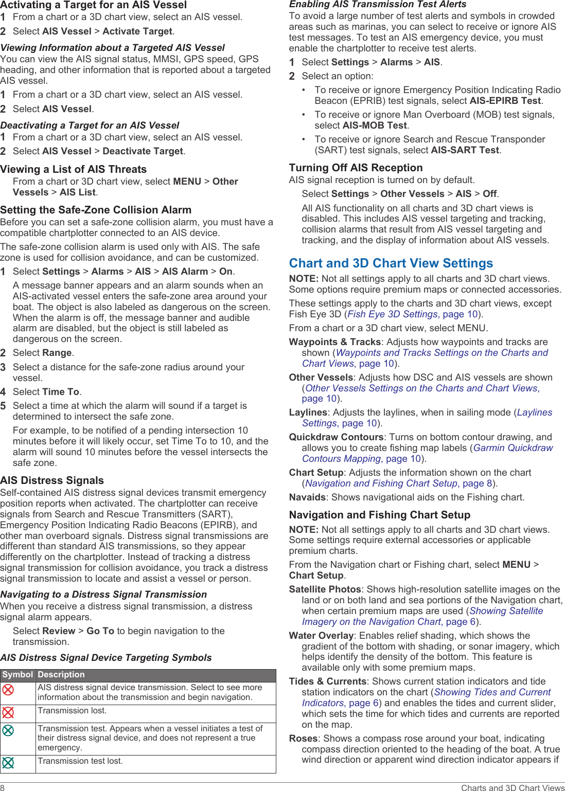 Activating a Target for an AIS Vessel1From a chart or a 3D chart view, select an AIS vessel.2Select AIS Vessel &gt; Activate Target.Viewing Information about a Targeted AIS VesselYou can view the AIS signal status, MMSI, GPS speed, GPS heading, and other information that is reported about a targeted AIS vessel.1From a chart or a 3D chart view, select an AIS vessel.2Select AIS Vessel.Deactivating a Target for an AIS Vessel1From a chart or a 3D chart view, select an AIS vessel.2Select AIS Vessel &gt; Deactivate Target.Viewing a List of AIS ThreatsFrom a chart or 3D chart view, select MENU &gt; Other Vessels &gt; AIS List.Setting the Safe-Zone Collision AlarmBefore you can set a safe-zone collision alarm, you must have a compatible chartplotter connected to an AIS device.The safe-zone collision alarm is used only with AIS. The safe zone is used for collision avoidance, and can be customized.1Select Settings &gt; Alarms &gt; AIS &gt; AIS Alarm &gt; On.A message banner appears and an alarm sounds when an AIS-activated vessel enters the safe-zone area around your boat. The object is also labeled as dangerous on the screen. When the alarm is off, the message banner and audible alarm are disabled, but the object is still labeled as dangerous on the screen.2Select Range.3Select a distance for the safe-zone radius around your vessel.4Select Time To.5Select a time at which the alarm will sound if a target is determined to intersect the safe zone.For example, to be notified of a pending intersection 10 minutes before it will likely occur, set Time To to 10, and the alarm will sound 10 minutes before the vessel intersects the safe zone.AIS Distress SignalsSelf-contained AIS distress signal devices transmit emergency position reports when activated. The chartplotter can receive signals from Search and Rescue Transmitters (SART), Emergency Position Indicating Radio Beacons (EPIRB), and other man overboard signals. Distress signal transmissions are different than standard AIS transmissions, so they appear differently on the chartplotter. Instead of tracking a distress signal transmission for collision avoidance, you track a distress signal transmission to locate and assist a vessel or person.Navigating to a Distress Signal TransmissionWhen you receive a distress signal transmission, a distress signal alarm appears.Select Review &gt; Go To to begin navigation to the transmission.AIS Distress Signal Device Targeting SymbolsSymbol DescriptionAIS distress signal device transmission. Select to see more information about the transmission and begin navigation.Transmission lost.Transmission test. Appears when a vessel initiates a test of their distress signal device, and does not represent a true emergency.Transmission test lost.Enabling AIS Transmission Test AlertsTo avoid a large number of test alerts and symbols in crowded areas such as marinas, you can select to receive or ignore AIS test messages. To test an AIS emergency device, you must enable the chartplotter to receive test alerts.1Select Settings &gt; Alarms &gt; AIS.2Select an option:• To receive or ignore Emergency Position Indicating Radio Beacon (EPRIB) test signals, select AIS-EPIRB Test.• To receive or ignore Man Overboard (MOB) test signals, select AIS-MOB Test.• To receive or ignore Search and Rescue Transponder (SART) test signals, select AIS-SART Test.Turning Off AIS ReceptionAIS signal reception is turned on by default.Select Settings &gt; Other Vessels &gt; AIS &gt; Off.All AIS functionality on all charts and 3D chart views is disabled. This includes AIS vessel targeting and tracking, collision alarms that result from AIS vessel targeting and tracking, and the display of information about AIS vessels.Chart and 3D Chart View SettingsNOTE: Not all settings apply to all charts and 3D chart views. Some options require premium maps or connected accessories.These settings apply to the charts and 3D chart views, except Fish Eye 3D (Fish Eye 3D Settings, page 10).From a chart or a 3D chart view, select MENU.Waypoints &amp; Tracks: Adjusts how waypoints and tracks are shown (Waypoints and Tracks Settings on the Charts and Chart Views, page 10).Other Vessels: Adjusts how DSC and AIS vessels are shown (Other Vessels Settings on the Charts and Chart Views, page 10).Laylines: Adjusts the laylines, when in sailing mode (Laylines Settings, page 10).Quickdraw Contours: Turns on bottom contour drawing, and allows you to create fishing map labels (Garmin Quickdraw Contours Mapping, page 10).Chart Setup: Adjusts the information shown on the chart (Navigation and Fishing Chart Setup, page 8).Navaids: Shows navigational aids on the Fishing chart.Navigation and Fishing Chart SetupNOTE: Not all settings apply to all charts and 3D chart views. Some settings require external accessories or applicable premium charts.From the Navigation chart or Fishing chart, select MENU &gt; Chart Setup.Satellite Photos: Shows high-resolution satellite images on the land or on both land and sea portions of the Navigation chart, when certain premium maps are used (Showing Satellite Imagery on the Navigation Chart, page 6).Water Overlay: Enables relief shading, which shows the gradient of the bottom with shading, or sonar imagery, which helps identify the density of the bottom. This feature is available only with some premium maps.Tides &amp; Currents: Shows current station indicators and tide station indicators on the chart (Showing Tides and Current Indicators, page 6) and enables the tides and current slider, which sets the time for which tides and currents are reported on the map.Roses: Shows a compass rose around your boat, indicating compass direction oriented to the heading of the boat. A true wind direction or apparent wind direction indicator appears if 8 Charts and 3D Chart Views