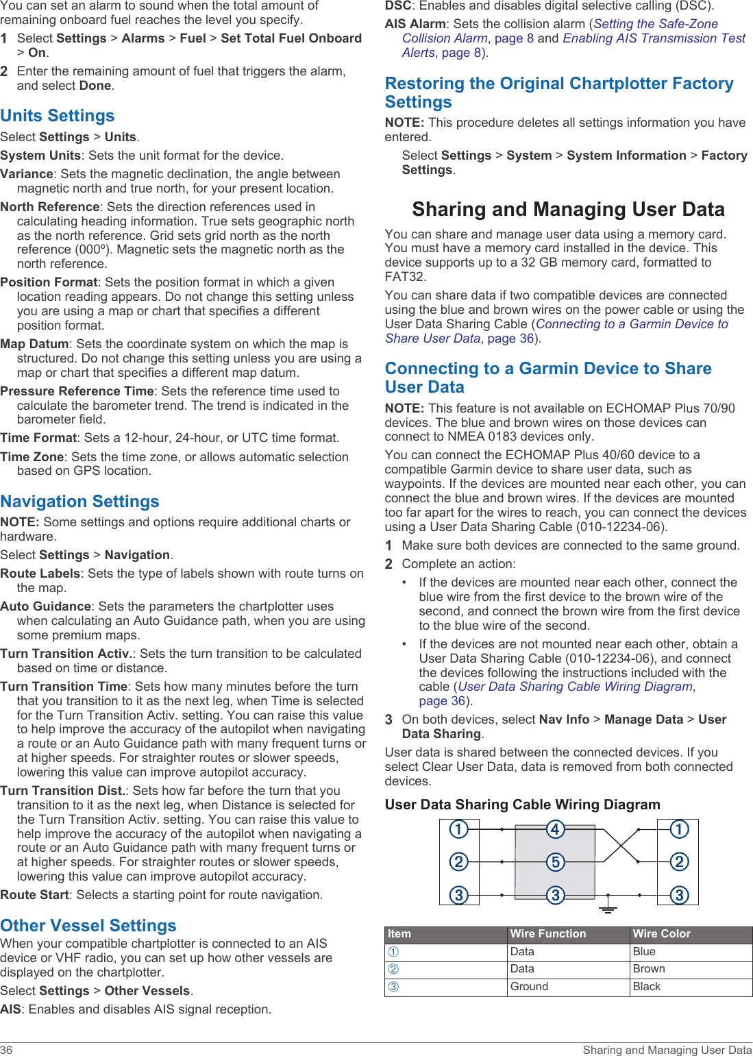 You can set an alarm to sound when the total amount of remaining onboard fuel reaches the level you specify.1Select Settings &gt; Alarms &gt; Fuel &gt; Set Total Fuel Onboard &gt; On.2Enter the remaining amount of fuel that triggers the alarm, and select Done.Units SettingsSelect Settings &gt; Units.System Units: Sets the unit format for the device.Variance: Sets the magnetic declination, the angle between magnetic north and true north, for your present location.North Reference: Sets the direction references used in calculating heading information. True sets geographic north as the north reference. Grid sets grid north as the north reference (000º). Magnetic sets the magnetic north as the north reference.Position Format: Sets the position format in which a given location reading appears. Do not change this setting unless you are using a map or chart that specifies a different position format.Map Datum: Sets the coordinate system on which the map is structured. Do not change this setting unless you are using a map or chart that specifies a different map datum.Pressure Reference Time: Sets the reference time used to calculate the barometer trend. The trend is indicated in the barometer field.Time Format: Sets a 12-hour, 24-hour, or UTC time format.Time Zone: Sets the time zone, or allows automatic selection based on GPS location.Navigation SettingsNOTE: Some settings and options require additional charts or hardware.Select Settings &gt; Navigation.Route Labels: Sets the type of labels shown with route turns on the map.Auto Guidance: Sets the parameters the chartplotter uses when calculating an Auto Guidance path, when you are using some premium maps.Turn Transition Activ.: Sets the turn transition to be calculated based on time or distance.Turn Transition Time: Sets how many minutes before the turn that you transition to it as the next leg, when Time is selected for the Turn Transition Activ. setting. You can raise this value to help improve the accuracy of the autopilot when navigating a route or an Auto Guidance path with many frequent turns or at higher speeds. For straighter routes or slower speeds, lowering this value can improve autopilot accuracy.Turn Transition Dist.: Sets how far before the turn that you transition to it as the next leg, when Distance is selected for the Turn Transition Activ. setting. You can raise this value to help improve the accuracy of the autopilot when navigating a route or an Auto Guidance path with many frequent turns or at higher speeds. For straighter routes or slower speeds, lowering this value can improve autopilot accuracy.Route Start: Selects a starting point for route navigation.Other Vessel SettingsWhen your compatible chartplotter is connected to an AIS device or VHF radio, you can set up how other vessels are displayed on the chartplotter.Select Settings &gt; Other Vessels.AIS: Enables and disables AIS signal reception.DSC: Enables and disables digital selective calling (DSC).AIS Alarm: Sets the collision alarm (Setting the Safe-Zone Collision Alarm, page 8 and Enabling AIS Transmission Test Alerts, page 8).Restoring the Original Chartplotter Factory SettingsNOTE: This procedure deletes all settings information you have entered.Select Settings &gt; System &gt; System Information &gt; Factory Settings.Sharing and Managing User DataYou can share and manage user data using a memory card. You must have a memory card installed in the device. This device supports up to a 32 GB memory card, formatted to FAT32.You can share data if two compatible devices are connected using the blue and brown wires on the power cable or using the User Data Sharing Cable (Connecting to a Garmin Device to Share User Data, page 36).Connecting to a Garmin Device to Share User DataNOTE: This feature is not available on ECHOMAP Plus 70/90 devices. The blue and brown wires on those devices can connect to NMEA 0183 devices only.You can connect the ECHOMAP Plus 40/60 device to a compatible Garmin device to share user data, such as waypoints. If the devices are mounted near each other, you can connect the blue and brown wires. If the devices are mounted too far apart for the wires to reach, you can connect the devices using a User Data Sharing Cable (010-12234-06).1Make sure both devices are connected to the same ground.2Complete an action:• If the devices are mounted near each other, connect the blue wire from the first device to the brown wire of the second, and connect the brown wire from the first device to the blue wire of the second.• If the devices are not mounted near each other, obtain a User Data Sharing Cable (010-12234-06), and connect the devices following the instructions included with the cable (User Data Sharing Cable Wiring Diagram, page 36).3On both devices, select Nav Info &gt; Manage Data &gt; User Data Sharing.User data is shared between the connected devices. If you select Clear User Data, data is removed from both connected devices.User Data Sharing Cable Wiring DiagramItem Wire Function Wire ColorÀData BlueÁData BrownÂGround Black36 Sharing and Managing User Data