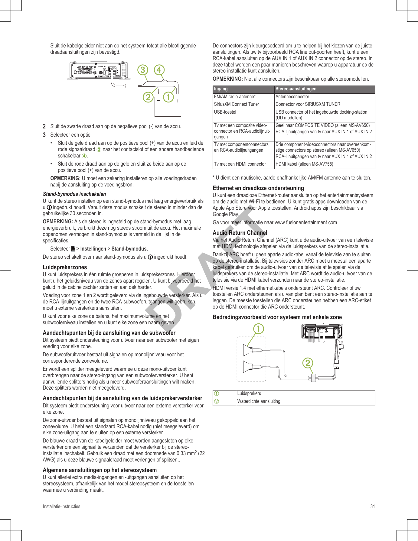 Sluit de kabelgeleider niet aan op het systeem totdat alle blootliggendedraadaansluitingen zijn bevestigd.2Sluit de zwarte draad aan op de negatieve pool (-) van de accu.3Selecteer een optie:• Sluit de gele draad aan op de positieve pool (+) van de accu en leid derode signaaldraad Â naar het contactslot of een andere handbediendeschakelaar Ã.• Sluit de rode draad aan op de gele en sluit ze beide aan op depositieve pool (+) van de accu.OPMERKING: U moet een zekering installeren op alle voedingsdradennabij de aansluiting op de voedingsbron.Stand-bymodus inschakelenU kunt de stereo instellen op een stand-bymodus met laag energieverbruik alsu   ingedrukt houdt. Vanuit deze modus schakelt de stereo in minder dan degebruikelijke 30 seconden in.OPMERKING: Als de stereo is ingesteld op de stand-bymodus met laagenergieverbruik, verbruikt deze nog steeds stroom uit de accu. Het maximaleopgenomen vermogen in stand-bymodus is vermeld in de lijst in despecificaties.Selecteer   &gt; Instellingen &gt; Stand-bymodus.De stereo schakelt over naar stand-bymodus als u   ingedrukt houdt.LuidsprekerzonesU kunt luidsprekers in één ruimte groeperen in luidsprekerzones. Hierdoorkunt u het geluidsniveau van de zones apart regelen. U kunt bijvoorbeeld hetgeluid in de cabine zachter zetten en aan dek harder.Voeding voor zone 1 en 2 wordt geleverd via de ingebouwde versterker. Als ude RCA-lijnuitgangen en de twee RCA-subwooferuitgangen wilt gebruiken,moet u externe versterkers aansluiten.U kunt voor elke zone de balans, het maximumvolume en hetsubwooferniveau instellen en u kunt elke zone een naam geven.Aandachtspunten bij de aansluiting van de subwooferDit systeem biedt ondersteuning voor uitvoer naar een subwoofer met eigenvoeding voor elke zone.De subwooferuitvoer bestaat uit signalen op monolijnniveau voor hetcorresponderende zonevolume.Er wordt een splitter meegeleverd waarmee u deze mono-uitvoer kuntoverbrengen naar de stereo-ingang van een subwooferversterker. U hebtaanvullende splitters nodig als u meer subwooferaansluitingen wilt maken.Deze splitters worden niet meegeleverd.Aandachtspunten bij de aansluiting van de luidsprekerversterkerDit systeem biedt ondersteuning voor uitvoer naar een externe versterker voorelke zone.De zone-uitvoer bestaat uit signalen op monolijnniveau gekoppeld aan hetzonevolume. U hebt een standaard RCA-kabel nodig (niet meegeleverd) omelke zone-uitgang aan te sluiten op een externe versterker.De blauwe draad van de kabelgeleider moet worden aangesloten op elkeversterker om een signaal te verzenden dat de versterker bij de stereo-installatie inschakelt. Gebruik een draad met een doorsnede van 0,33 mm2 (22AWG) als u deze blauwe signaaldraad moet verlengen of splitsen,.Algemene aansluitingen op het stereosysteemU kunt allerlei extra media-ingangen en -uitgangen aansluiten op hetstereosysteem, afhankelijk van het model stereosysteem en de toestellenwaarmee u verbinding maakt.De connectors zijn kleurgecodeerd om u te helpen bij het kiezen van de juisteaansluitingen. Als uw tv bijvoorbeeld RCA line out-poorten heeft, kunt u eenRCA-kabel aansluiten op de AUX IN 1 of AUX IN 2 connector op de stereo. Indeze tabel worden een paar manieren beschreven waarop u apparatuur op destereo-installatie kunt aansluiten.OPMERKING: Niet alle connectors zijn beschikbaar op alle stereomodellen.Ingang Stereo-aansluitingenFM/AM radio-antenne* AntenneconnectorSiriusXM Connect Tuner Connector voor SIRIUSXM TUNERUSB-toestel USB connector of het ingebouwde docking-station(UD modellen)Tv met een composite video-connector en RCA-audiolijnuit-gangenGeel naar COMPOSITE VIDEO (alleen MS-AV650)RCA-lijnuitgangen van tv naar AUX IN 1 of AUX IN 2Tv met componentconnectorsen RCA-audiolijnuitgangenDrie component-videoconnectors naar overeenkom-stige connectors op stereo (alleen MS-AV650)RCA-lijnuitgangen van tv naar AUX IN 1 of AUX IN 2Tv met een HDMI connector HDMI kabel (alleen MS-AV755)* U dient een nautische, aarde-onafhankelijke AM/FM antenne aan te sluiten.Ethernet en draadloze ondersteuningU kunt een draadloze Ethernet-router aansluiten op het entertainmentsysteemom de audio met Wi‑Fi te bedienen. U kunt gratis apps downloaden van deApple App Store voor Apple toestellen. Android apps zijn beschikbaar viaGoogle Play.Ga voor meer informatie naar www.fusionentertainment.com.Audio Return ChannelVia het Audio Return Channel (ARC) kunt u de audio-uitvoer van een televisiemet HDMI technologie afspelen via de luidsprekers van de stereo-installatie.Dankzij ARC hoeft u geen aparte audiokabel vanaf de televisie aan te sluitenop de stereo-installatie. Bij televisies zonder ARC moet u meestal een apartekabel gebruiken om de audio-uitvoer van de televisie af te spelen via deluidsprekers van de stereo-installatie. Met ARC wordt de audio-uitvoer van detelevisie via de HDMI kabel verzonden naar de stereo-installatie.HDMI versie 1.4 met ethernetkabels ondersteunt ARC. Controleer of uwtoestellen ARC ondersteunen als u van plan bent een stereo-installatie aan teleggen. De meeste toestellen die ARC ondersteunen hebben een ARC-etiketop de HDMI connector die ARC ondersteunt.Bedradingsvoorbeeld voor systeem met enkele zoneÀLuidsprekersÁWaterdichte aansluitingInstallatie-instructies 31DRAFT