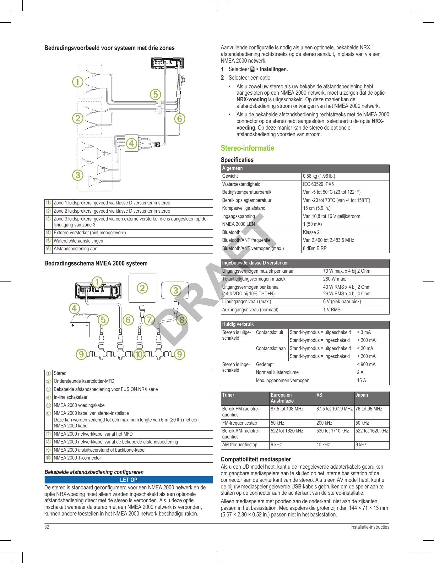 Bedradingsvoorbeeld voor systeem met drie zonesÀZone 1 luidsprekers, gevoed via klasse D versterker in stereoÁZone 2 luidsprekers, gevoed via klasse D versterker in stereoÂZone 3 luidsprekers, gevoed via een externe versterker die is aangesloten op delijnuitgang van zone 3ÃExterne versterker (niet meegeleverd)ÄWaterdichte aansluitingenÅAfstandsbediening aanBedradingsschema NMEA 2000 systeemÀStereoÁOndersteunde kaartplotter-MFDÂBekabelde afstandsbediening voor FUSION NRX serieÃIn-line schakelaarÄNMEA 2000 voedingskabelÅNMEA 2000 kabel van stereo-installatieDeze kan worden verlengd tot een maximum lengte van 6 m (20 ft.) met eenNMEA 2000 kabel.ÆNMEA 2000 netwerkkabel vanaf het MFDÇNMEA 2000 netwerkkabel vanaf de bekabelde afstandsbedieningÈNMEA 2000 afsluitweerstand of backbone-kabelÉNMEA 2000 T-connectorBekabelde afstandsbediening configurerenLET OPDe stereo is standaard geconfigureerd voor een NMEA 2000 netwerk en deoptie NRX-voeding moet alleen worden ingeschakeld als een optioneleafstandsbediening direct met de stereo is verbonden. Als u deze optieinschakelt wanneer de stereo met een NMEA 2000 netwerk is verbonden,kunnen andere toestellen in het NMEA 2000 netwerk beschadigd raken.Aanvullende configuratie is nodig als u een optionele, bekabelde NRXafstandsbediening rechtstreeks op de stereo aansluit, in plaats van via eenNMEA 2000 netwerk.1Selecteer   &gt; Instellingen.2Selecteer een optie:•Als u zowel uw stereo als uw bekabelde afstandsbediening hebtaangesloten op een NMEA 2000 netwerk, moet u zorgen dat de optieNRX-voeding is uitgeschakeld. Op deze manier kan deafstandsbediening stroom ontvangen van het NMEA 2000 netwerk.• Als u de bekabelde afstandsbediening rechtstreeks met de NMEA 2000connector op de stereo hebt aangesloten, selecteert u de optie NRX-voeding. Op deze manier kan de stereo de optioneleafstandsbediening voorzien van stroom.Stereo-informatieSpecificatiesAlgemeenGewicht 0,88 kg (1,96 lb.)Waterbestendigheid IEC 60529 IPX5Bedrijfstemperatuurbereik Van -5 tot 50°C (23 tot 122°F)Bereik opslagtemperatuur Van -20 tot 70°C (van -4 tot 158°F)Kompasveilige afstand 15 cm (5,9 in.)Ingangsspanning Van 10,8 tot 16 V gelijkstroomNMEA 2000 LEN 1 (50 mA)Bluetooth Klasse 2Bluetooth/ANT frequentie Van 2.400 tot 2.483,5 MHzBluetooth/ANT vermogen (max.) 8 dBm EIRPIngebouwde klasse D versterkerUitgangsvermogen muziek per kanaal 70 W max. x 4 bij 2 OhmTotaal uitgangsvermogen muziek 280 W max.Uitgangsvermogen per kanaal(14,4 VDC bij 10% THD+N)43 W RMS x 4 bij 2 Ohm26 W RMS x 4 bij 4 OhmLijnuitgangsniveau (max.) 6 V (piek-naar-piek)Aux-ingangsniveau (normaal) 1 V RMSHuidig verbruikStereo is uitge-schakeldContactslot uit Stand-bymodus = uitgeschakeld &lt; 3 mAStand-bymodus = ingeschakeld &lt; 200 mAContactslot aan Stand-bymodus = uitgeschakeld &lt; 20 mAStand-bymodus = ingeschakeld &lt; 200 mAStereo is inge-schakeldGedempt &lt; 900 mANormaal luistervolume 2 AMax. opgenomen vermogen 15 ATuner Europa enAustralaziëVS JapanBereik FM-radiofre-quenties87,5 tot 108 MHz 87,5 tot 107,9 MHz 76 tot 95 MHzFM-frequentiestap 50 kHz 200 kHz 50 kHzBereik AM-radiofre-quenties522 tot 1620 kHz 530 tot 1710 kHz 522 tot 1620 kHzAM-frequentiestap 9 kHz 10 kHz 9 kHzCompatibiliteit mediaspelerAls u een UD model hebt, kunt u de meegeleverde adapterkabels gebruikenom gangbare mediaspelers aan te sluiten op het interne basisstation of deconnector aan de achterkant van de stereo. Als u een AV model hebt, kunt ude bij uw mediaspeler geleverde USB-kabels gebruiken om de speler aan tesluiten op de connector aan de achterkant van de stereo-installatie.Alleen mediaspelers met poorten aan de onderkant, niet aan de zijkanten,passen in het basisstation. Mediaspelers die groter zijn dan 144 × 71 × 13 mm(5,67 × 2,80 × 0,52 in.) passen niet in het basisstation.32 Installatie-instructiesDRAFT