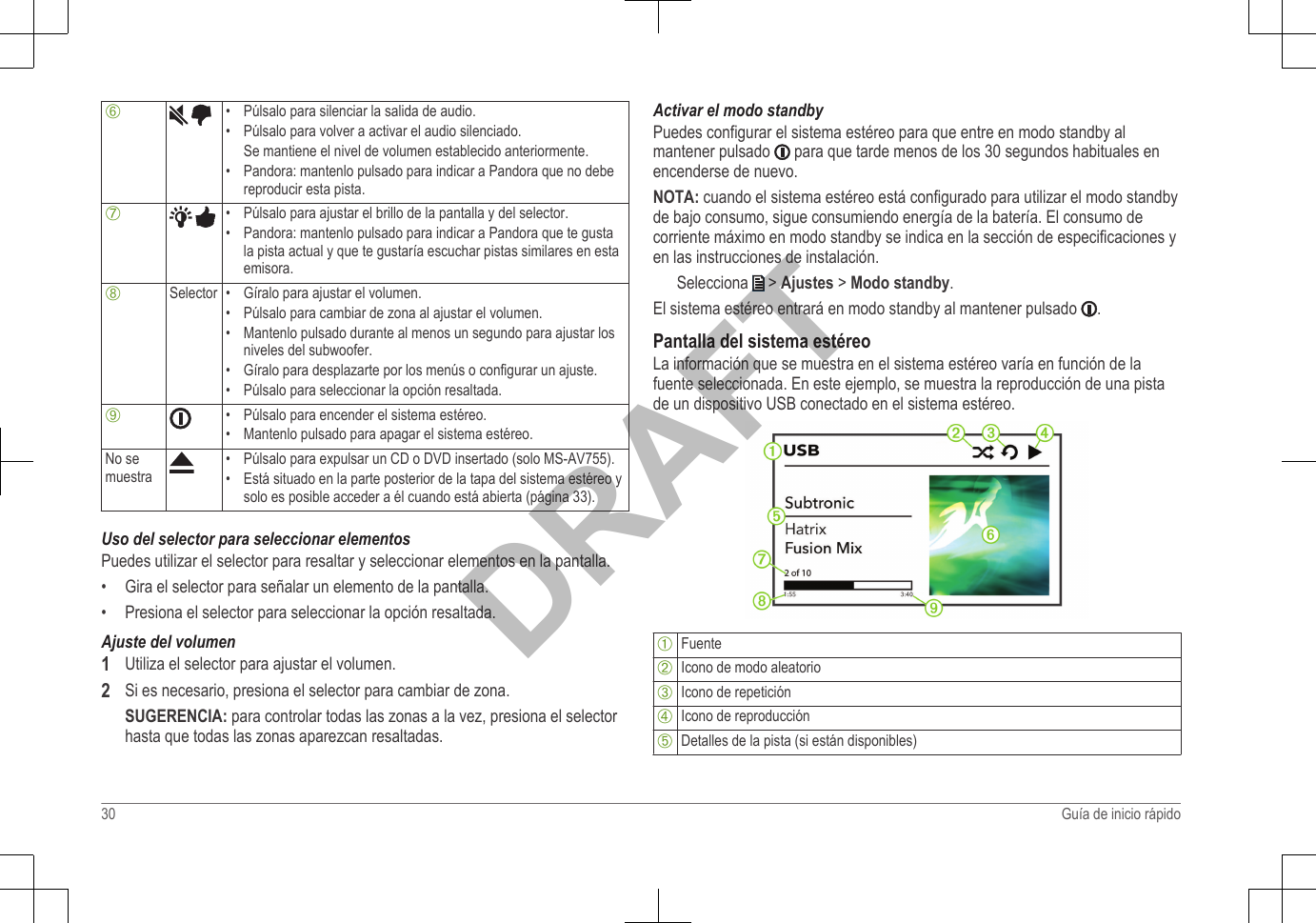 Å • Púlsalo para silenciar la salida de audio.•Púlsalo para volver a activar el audio silenciado.Se mantiene el nivel de volumen establecido anteriormente.• Pandora: mantenlo pulsado para indicar a Pandora que no debereproducir esta pista.Æ • Púlsalo para ajustar el brillo de la pantalla y del selector.•Pandora: mantenlo pulsado para indicar a Pandora que te gustala pista actual y que te gustaría escuchar pistas similares en estaemisora.ÇSelector • Gíralo para ajustar el volumen.• Púlsalo para cambiar de zona al ajustar el volumen.• Mantenlo pulsado durante al menos un segundo para ajustar losniveles del subwoofer.• Gíralo para desplazarte por los menús o configurar un ajuste.• Púlsalo para seleccionar la opción resaltada.È• Púlsalo para encender el sistema estéreo.•Mantenlo pulsado para apagar el sistema estéreo.No semuestra• Púlsalo para expulsar un CD o DVD insertado (solo MS-AV755).•Está situado en la parte posterior de la tapa del sistema estéreo ysolo es posible acceder a él cuando está abierta (página 33).Uso del selector para seleccionar elementosPuedes utilizar el selector para resaltar y seleccionar elementos en la pantalla.•Gira el selector para señalar un elemento de la pantalla.• Presiona el selector para seleccionar la opción resaltada.Ajuste del volumen1Utiliza el selector para ajustar el volumen.2Si es necesario, presiona el selector para cambiar de zona.SUGERENCIA: para controlar todas las zonas a la vez, presiona el selectorhasta que todas las zonas aparezcan resaltadas.Activar el modo standbyPuedes configurar el sistema estéreo para que entre en modo standby almantener pulsado   para que tarde menos de los 30 segundos habituales enencenderse de nuevo.NOTA: cuando el sistema estéreo está configurado para utilizar el modo standbyde bajo consumo, sigue consumiendo energía de la batería. El consumo decorriente máximo en modo standby se indica en la sección de especificaciones yen las instrucciones de instalación.Selecciona   &gt; Ajustes &gt; Modo standby.El sistema estéreo entrará en modo standby al mantener pulsado  .Pantalla del sistema estéreoLa información que se muestra en el sistema estéreo varía en función de lafuente seleccionada. En este ejemplo, se muestra la reproducción de una pistade un dispositivo USB conectado en el sistema estéreo.ÀFuenteÁIcono de modo aleatorioÂIcono de repeticiónÃIcono de reproducciónÄDetalles de la pista (si están disponibles)30 Guía de inicio rápidoDRAFT