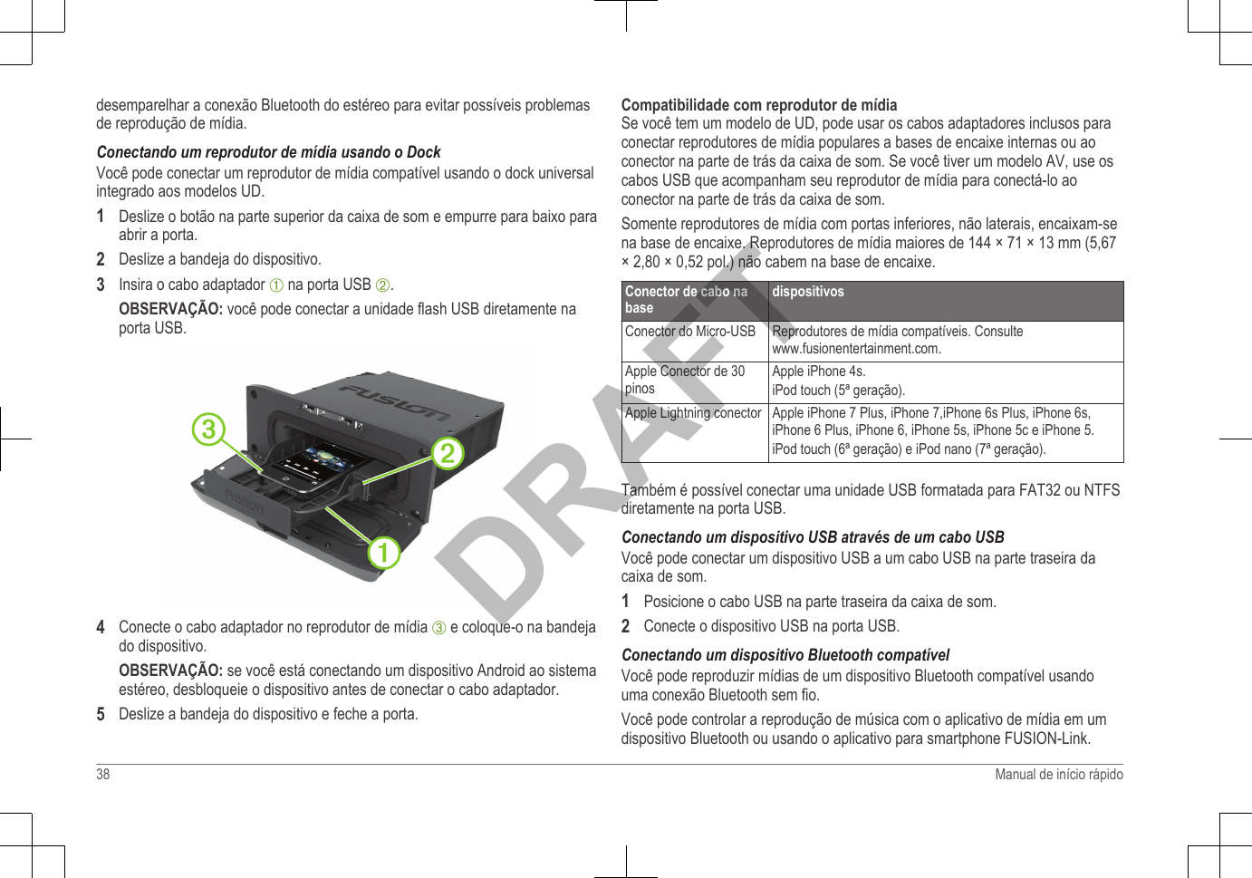 desemparelhar a conexão Bluetooth do estéreo para evitar possíveis problemasde reprodução de mídia.Conectando um reprodutor de mídia usando o DockVocê pode conectar um reprodutor de mídia compatível usando o dock universalintegrado aos modelos UD.1Deslize o botão na parte superior da caixa de som e empurre para baixo paraabrir a porta.2Deslize a bandeja do dispositivo.3Insira o cabo adaptador À na porta USB Á.OBSERVAÇÃO: você pode conectar a unidade flash USB diretamente naporta USB.4Conecte o cabo adaptador no reprodutor de mídia Â e coloque-o na bandejado dispositivo.OBSERVAÇÃO: se você está conectando um dispositivo Android ao sistemaestéreo, desbloqueie o dispositivo antes de conectar o cabo adaptador.5Deslize a bandeja do dispositivo e feche a porta.Compatibilidade com reprodutor de mídiaSe você tem um modelo de UD, pode usar os cabos adaptadores inclusos paraconectar reprodutores de mídia populares a bases de encaixe internas ou aoconector na parte de trás da caixa de som. Se você tiver um modelo AV, use oscabos USB que acompanham seu reprodutor de mídia para conectá-lo aoconector na parte de trás da caixa de som.Somente reprodutores de mídia com portas inferiores, não laterais, encaixam-sena base de encaixe. Reprodutores de mídia maiores de 144 × 71 × 13 mm (5,67× 2,80 × 0,52 pol.) não cabem na base de encaixe.Conector de cabo nabasedispositivosConector do Micro-USB Reprodutores de mídia compatíveis. Consulte www.fusionentertainment.com.Apple Conector de 30pinosApple iPhone 4s.iPod touch (5ª geração).Apple Lightning conector Apple iPhone 7 Plus, iPhone 7,iPhone 6s Plus, iPhone 6s,iPhone 6 Plus, iPhone 6, iPhone 5s, iPhone 5c e iPhone 5.iPod touch (6ª geração) e iPod nano (7ª geração).Também é possível conectar uma unidade USB formatada para FAT32 ou NTFSdiretamente na porta USB.Conectando um dispositivo USB através de um cabo USBVocê pode conectar um dispositivo USB a um cabo USB na parte traseira dacaixa de som.1Posicione o cabo USB na parte traseira da caixa de som.2Conecte o dispositivo USB na porta USB.Conectando um dispositivo Bluetooth compatívelVocê pode reproduzir mídias de um dispositivo Bluetooth compatível usandouma conexão Bluetooth sem fio.Você pode controlar a reprodução de música com o aplicativo de mídia em umdispositivo Bluetooth ou usando o aplicativo para smartphone FUSION-Link.38 Manual de início rápidoDRAFT