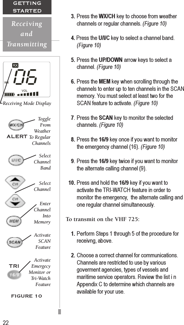 22GETTINGSTARTED3. Press the WX/CH key to choose from weatherchannels or regular channels. (Figure 10)4. Press the U/I/C key to select a channel band.(Figure 10)5. Press the UP/DOWN arrow keys to select achannel. (Figure 10)6. Press the MEM key when scrolling through thechannels to enter up to ten channels in the SCANmemory. You must select at least two for theSCAN feature to activate. (Figure 10)7. Press the SCAN key to monitor the selectedchannels. (Figure 10)8. Press the 16/9 key once if you want to monitorthe emergency channel (16). (Figure 10)9. Press the 16/9 key twice if you want to monitorthe alternate calling channel (9).  10. Press and hold the 16/9 key if you want toactivate the TRI-WATCH feature in order tomonitor the emergency,  the alternate calling andone regular channel simultaneously.To transmit on the VHF 725:1. Perform Steps 1 through 5 of the procedure forreceivng, above.2. Choose a correct channel for communications.Channels are restricted to use by variousgoverment agencies, types of vessels andmaritime service operators. Review the list i nAppendix C to determine which channels areavailable for your use.FIGURE 10Receiving Mode DisplayActivateEmergecyMonitor orTri-WatchFeatureActivateSCANFeatureEnterChannelIntoMemorySelectChannelSelectChannelBandToggleFromWeatherTo RegularChannelsTRIALERTReceivingandTransmitting