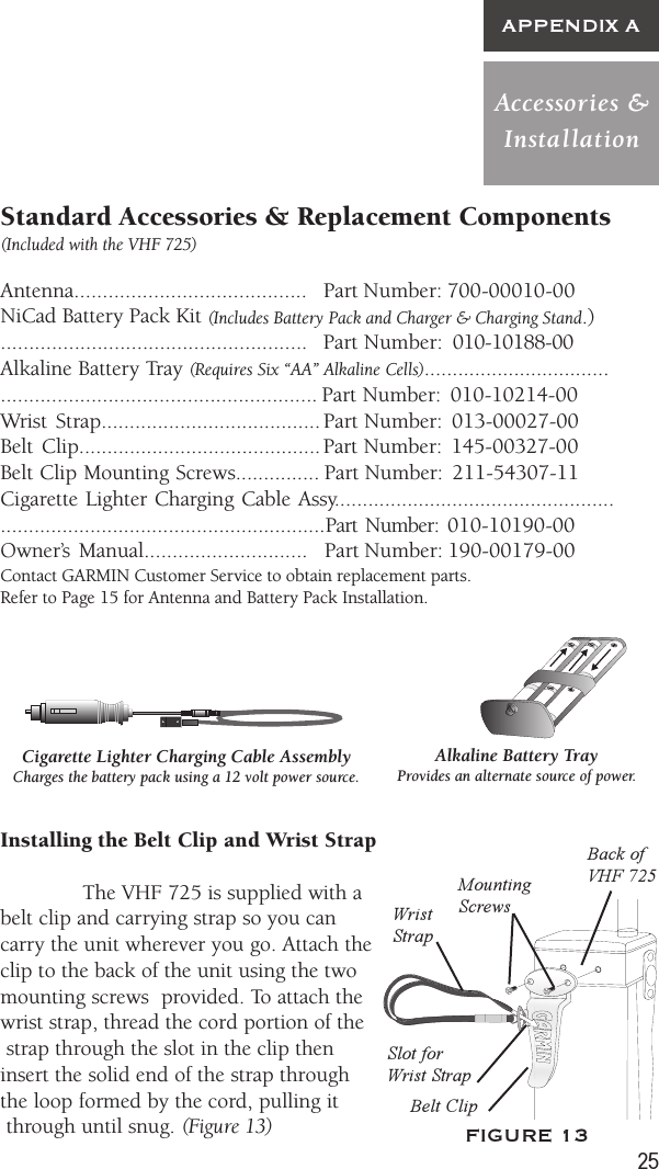 25Accessories  &amp;InstallationAPPENDIX AStandard Accessories &amp; Replacement Components(Included with the VHF 725)Antenna......................................... Part Number: 700-00010-00NiCad Battery Pack Kit (Includes Battery Pack and Charger &amp; Charging Stand.)...................................................... Part Number: 010-10188-00Alkaline Battery Tray (Requires Six “AA” Alkaline Cells)......................................................................................... Part Number: 010-10214-00Wrist Strap....................................... Part Number: 013-00027-00Belt Clip........................................... Part Number: 145-00327-00Belt Clip Mounting Screws............... Part Number: 211-54307-11Cigarette Lighter Charging Cable Assy............................................................................................................Part Number: 010-10190-00Owner’s  Manual............................. Part Number: 190-00179-00Contact GARMIN Customer Service to obtain replacement parts.Refer to Page 15 for Antenna and Battery Pack Installation.Installing the Belt Clip and Wrist StrapThe VHF 725 is supplied with abelt clip and carrying strap so you cancarry the unit wherever you go. Attach theclip to the back of the unit using the twomounting screws  provided. To attach thewrist strap, thread the cord portion of the strap through the slot in the clip theninsert the solid end of the strap throughthe loop formed by the cord, pulling it through until snug. (Figure 13) FIGURE 13MountingScrewsWristStrapBelt ClipSlot forWrist StrapBack ofVHF 725Cigarette Lighter Charging Cable AssemblyCharges the battery pack using a 12 volt power source.Alkaline Battery TrayProvides an alternate source of power.