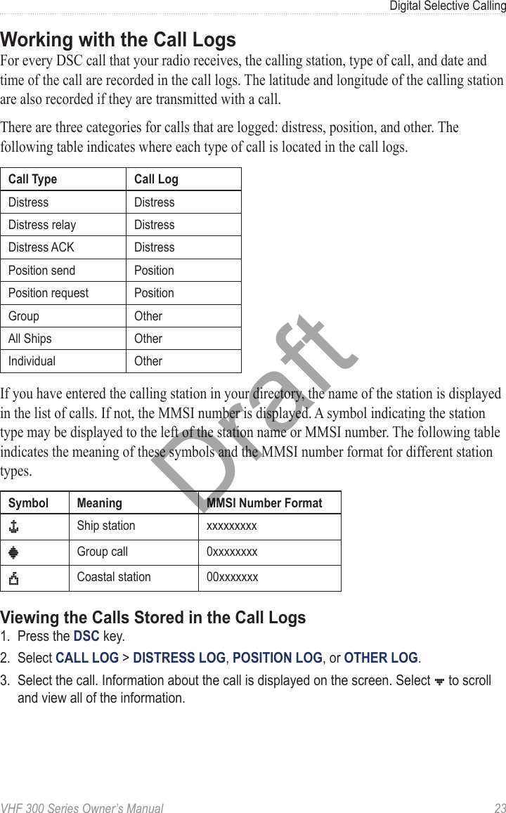 VHF 300 Series Owner’s Manual  23Digital Selective CallingWorking with the Call LogsFor every DSC call that your radio receives, the calling station, type of call, and date and time of the call are recorded in the call logs. The latitude and longitude of the calling station are also recorded if they are transmitted with a call.There are three categories for calls that are logged: distress, position, and other. The following table indicates where each type of call is located in the call logs.Call Type Call LogDistress DistressDistress relay DistressDistress ACK DistressPosition send PositionPosition request PositionGroup OtherAll Ships OtherIndividual OtherIf you have entered the calling station in your directory, the name of the station is displayed in the list of calls. If not, the MMSI number is displayed. A symbol indicating the station type may be displayed to the left of the station name or MMSI number. The following table indicates the meaning of these symbols and the MMSI number format for different station types.Symbol Meaning MMSI Number Format$Ship station xxxxxxxxxGroup call 0xxxxxxxx&amp;Coastal station 00xxxxxxxViewing the Calls Stored in the Call Logs1.  Press the DSC key.2.  Select CALL LOG &gt; DISTRESS LOG, POSITION LOG, or OTHER LOG.3.  Select the call. Information about the call is displayed on the screen. Select ] to scroll and view all of the information.Draft