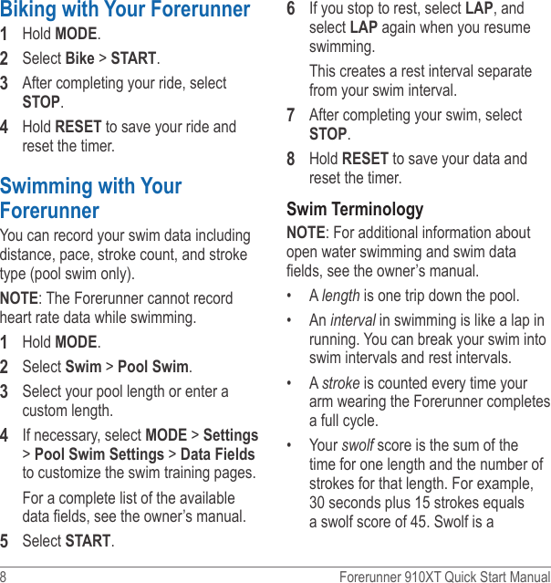 Page 8 of 12 - Garmin Garmin-Forerunner-910-Xt-Quick-Start-Manual-  Garmin-forerunner-910-xt-quick-start-manual
