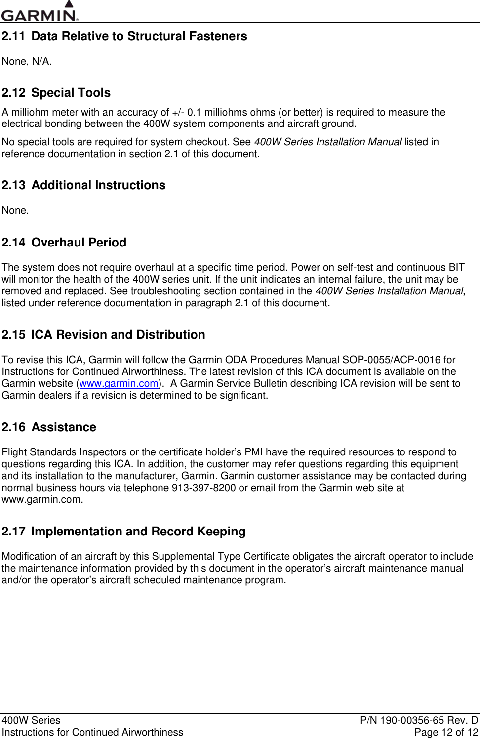 Page 12 of 12 - Garmin Garmin-Garmin-Part-23-Aml-Stc-Sa01933La-D-Instruction-Manual 190-00356-65_0D