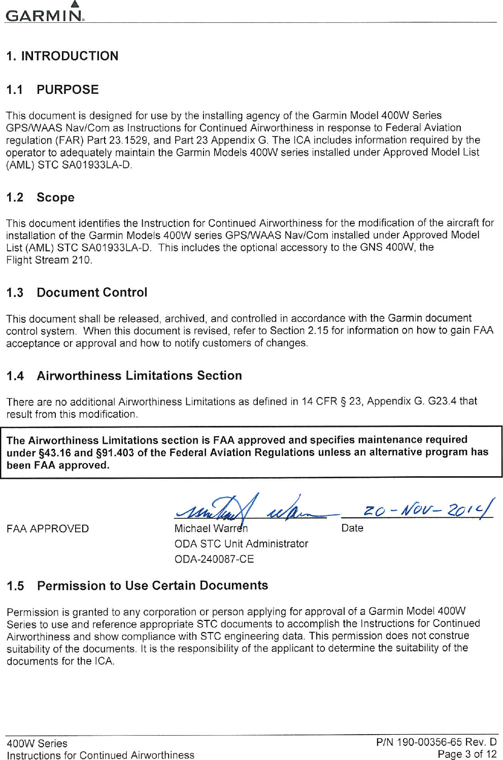 Page 3 of 12 - Garmin Garmin-Garmin-Part-23-Aml-Stc-Sa01933La-D-Instruction-Manual 190-00356-65_0D