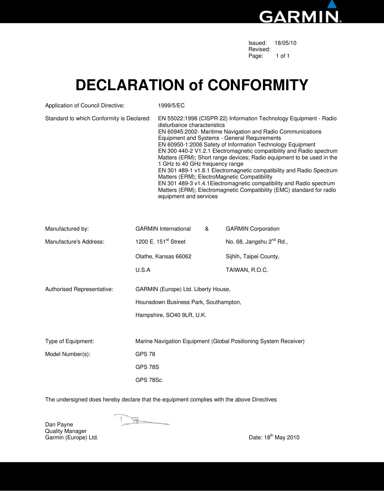 Garmin Gpsmap 78 Declaration Of Conformity Issued