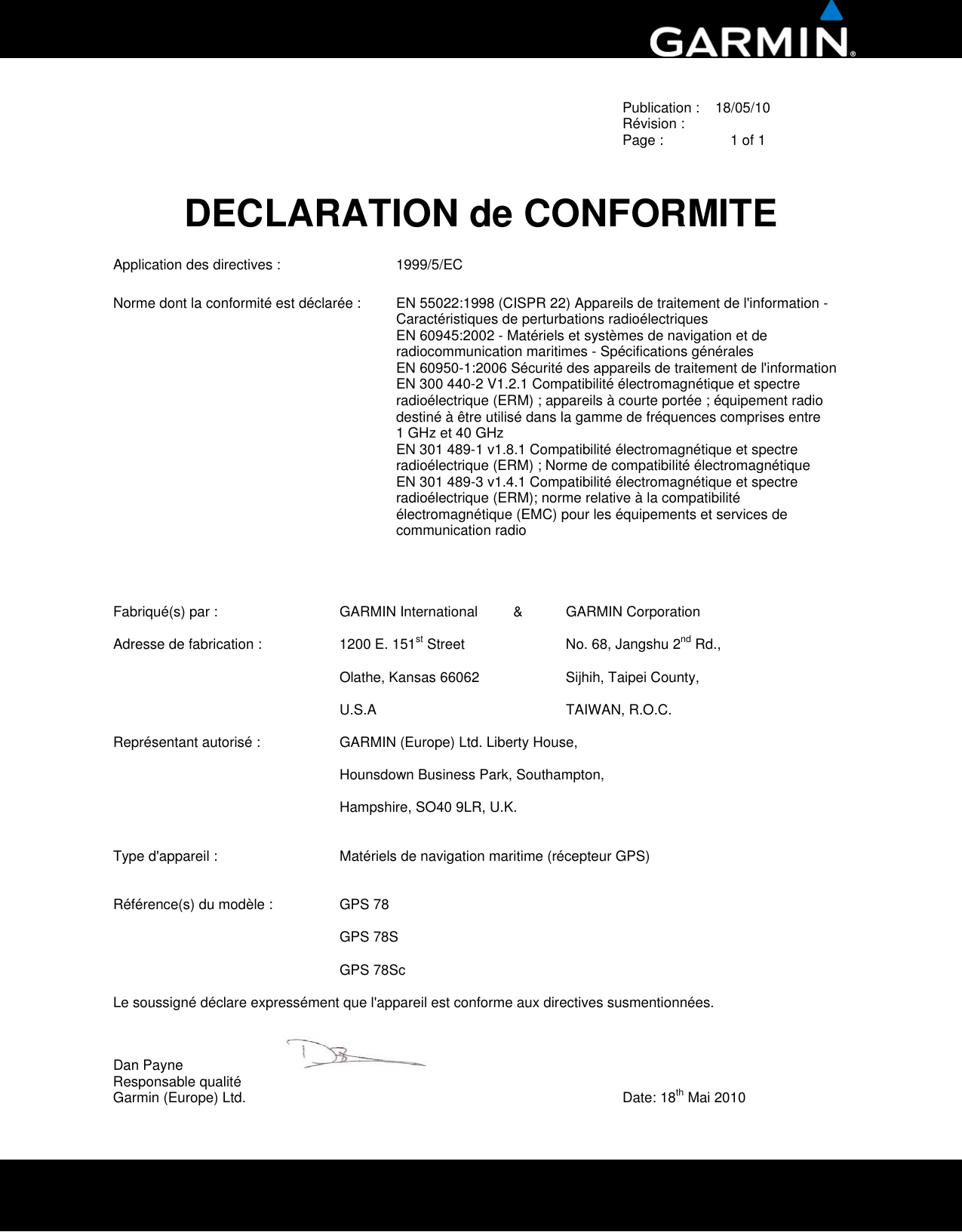 Page 2 of 6 - Garmin Garmin-Gpsmap-78-Declaration-Of-Conformity- Issued  Garmin-gpsmap-78-declaration-of-conformity