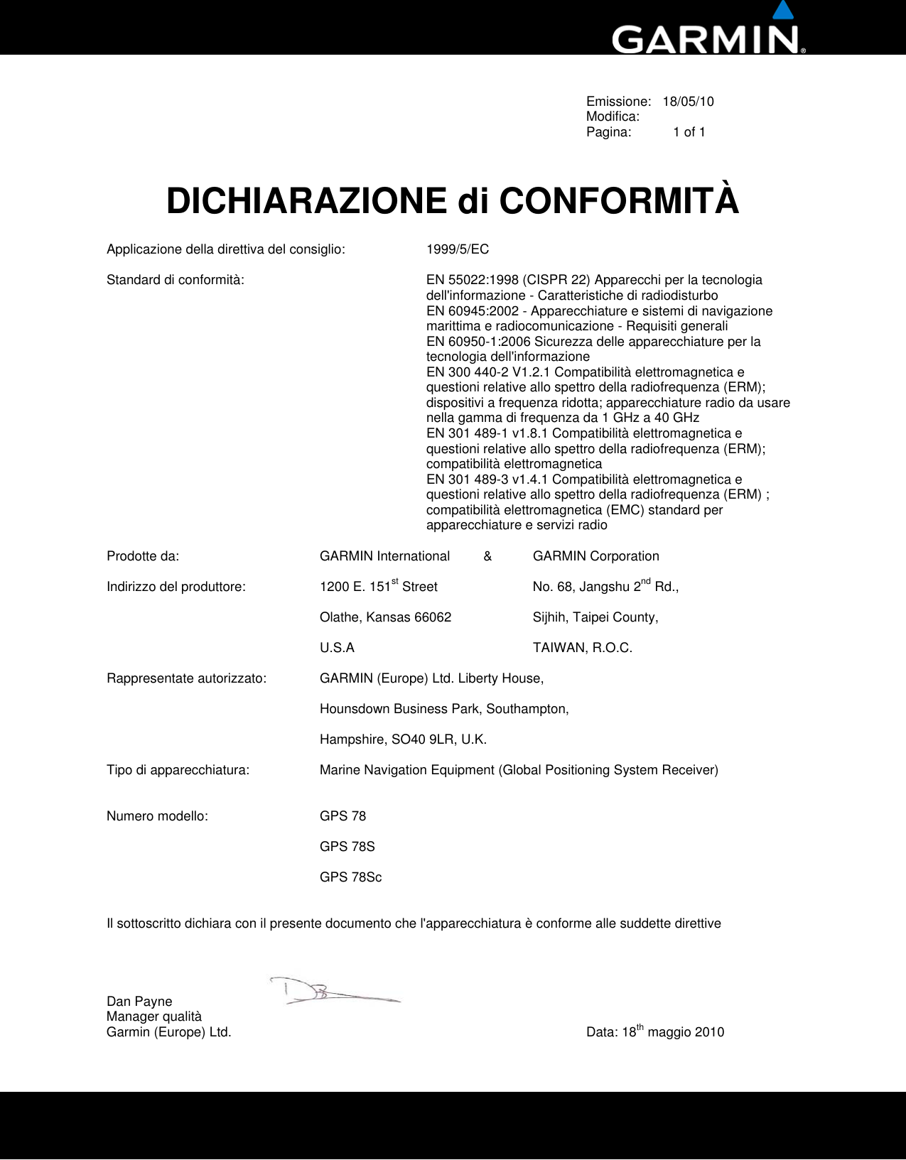 Page 3 of 6 - Garmin Garmin-Gpsmap-78-Declaration-Of-Conformity- Issued  Garmin-gpsmap-78-declaration-of-conformity