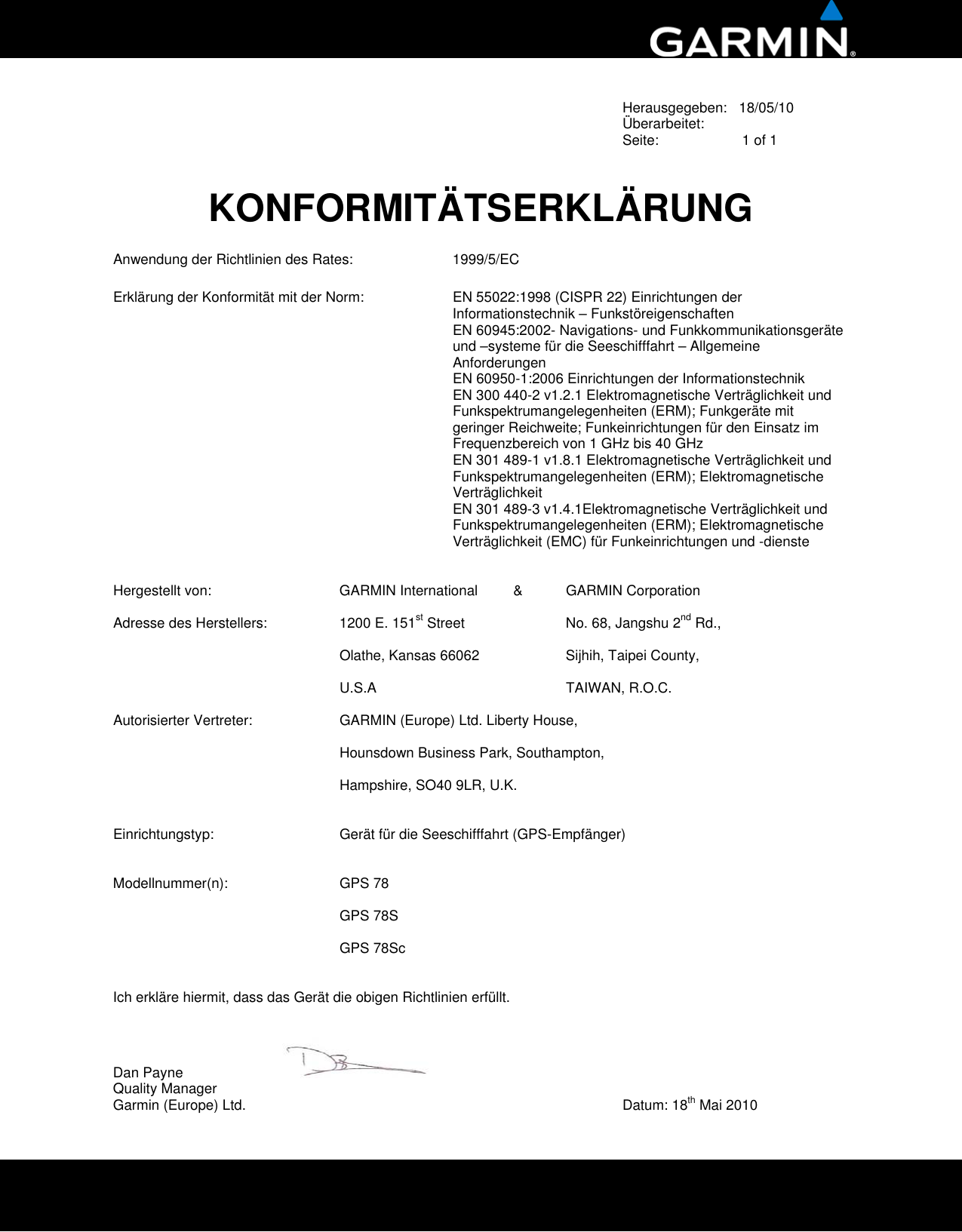 Page 4 of 6 - Garmin Garmin-Gpsmap-78-Declaration-Of-Conformity- Issued  Garmin-gpsmap-78-declaration-of-conformity