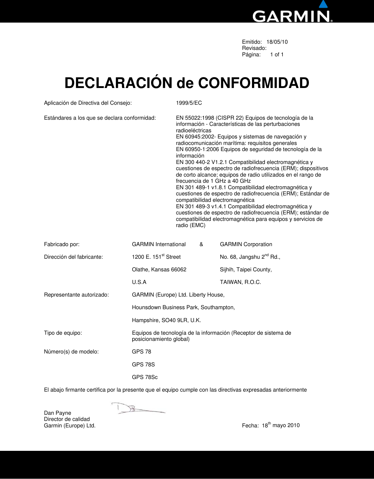 Page 5 of 6 - Garmin Garmin-Gpsmap-78-Declaration-Of-Conformity- Issued  Garmin-gpsmap-78-declaration-of-conformity