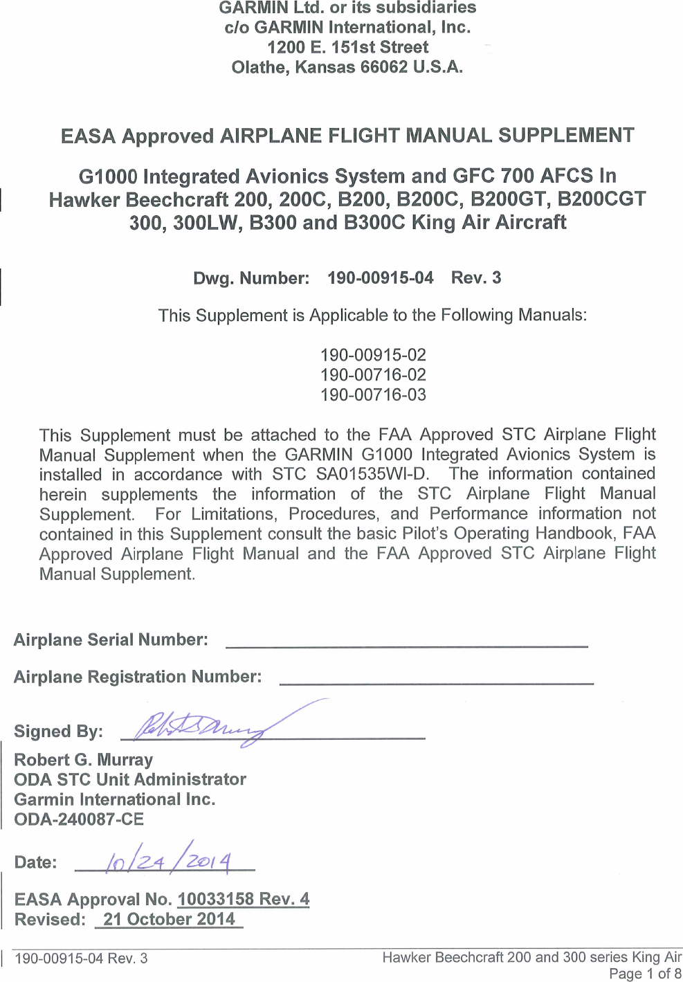 Page 1 of 8 - Garmin Garmin-Mdl-Rev-16-Sa01535Wi-D-Easa-Approved-Airplane-Flight-Manual-Supplement 190-00915-04_03