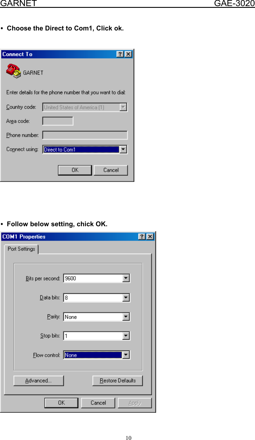  GARNET                                        GAE-3020 10 ••••Choose the Direct to Com1, Click ok.        ••••Follow below setting, chick OK.    
