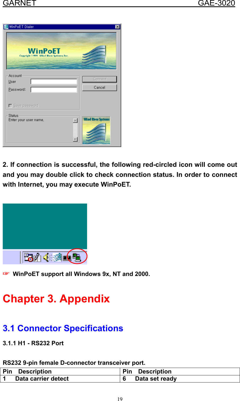  GARNET                                        GAE-3020 19   2. If connection is successful, the following red-circled icon will come out and you may double click to check connection status. In order to connect with Internet, you may execute WinPoET.   ☞☞☞☞    WinPoET support all Windows 9x, NT and 2000.    Chapter 3. Appendix  3.1 Connector Specifications 3.1.1 H1 - RS232 Port  RS232 9-pin female D-connector transceiver port. Pin  Description  Pin  Description 1   Data carrier detect  6   Data set ready 