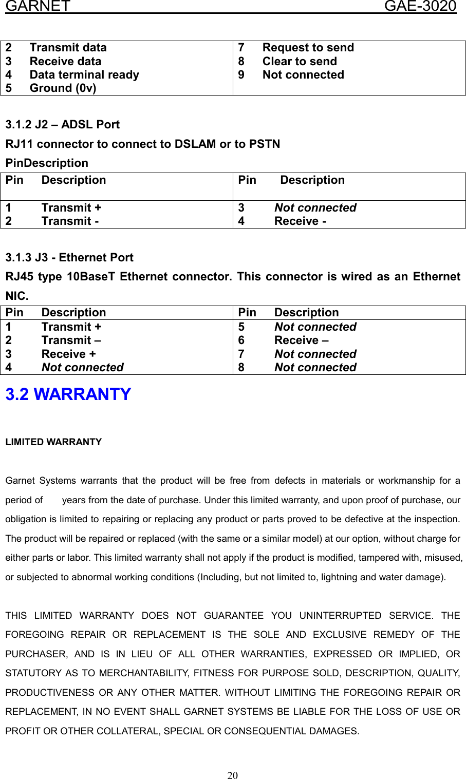  GARNET                                        GAE-3020 20 2   Transmit data 3   Receive data 4   Data terminal ready 5   Ground (0v) 7   Request to send 8   Clear to send 9   Not connected  3.1.2 J2 – ADSL Port RJ11 connector to connect to DSLAM or to PSTN PinDescription Pin   Description  Pin    Description 1     Transmit + 2     Transmit - 3     Not connected 4     Receive -  3.1.3 J3 - Ethernet Port RJ45 type 10BaseT Ethernet connector. This connector is wired as an Ethernet NIC. Pin   Description  Pin   Description 1     Transmit + 2     Transmit – 3     Receive + 4     Not connected 5     Not connected 6     Receive –  7     Not connected 8     Not connected 3.2 WARRANTY  LIMITED WARRANTY  Garnet Systems warrants that the product will be free from defects in materials or workmanship for a period of        years from the date of purchase. Under this limited warranty, and upon proof of purchase, our obligation is limited to repairing or replacing any product or parts proved to be defective at the inspection. The product will be repaired or replaced (with the same or a similar model) at our option, without charge for either parts or labor. This limited warranty shall not apply if the product is modified, tampered with, misused, or subjected to abnormal working conditions (Including, but not limited to, lightning and water damage).  THIS LIMITED WARRANTY DOES NOT GUARANTEE YOU UNINTERRUPTED SERVICE. THE FOREGOING REPAIR OR REPLACEMENT IS THE SOLE AND EXCLUSIVE REMEDY OF THE PURCHASER, AND IS IN LIEU OF ALL OTHER WARRANTIES, EXPRESSED OR IMPLIED, OR STATUTORY AS TO MERCHANTABILITY, FITNESS FOR PURPOSE SOLD, DESCRIPTION, QUALITY, PRODUCTIVENESS OR ANY OTHER MATTER. WITHOUT LIMITING THE FOREGOING REPAIR OR REPLACEMENT, IN NO EVENT SHALL GARNET SYSTEMS BE LIABLE FOR THE LOSS OF USE OR PROFIT OR OTHER COLLATERAL, SPECIAL OR CONSEQUENTIAL DAMAGES. 